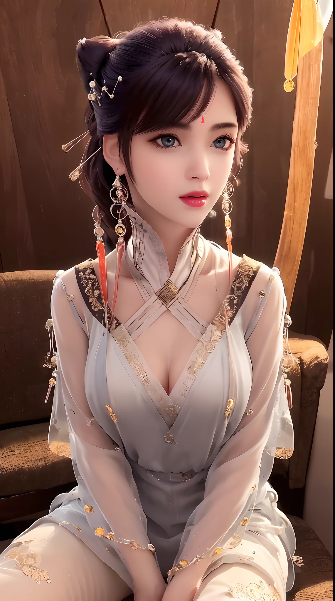 best quality, masterpiece, ultra high res, (photorealistic:1.4), 1girl, off-shoulder shirt, ((traditional chinese dress:1)), black choker, (faded ash gray hair:1), (huge breasts:1.2), looking at viewer, closeup,