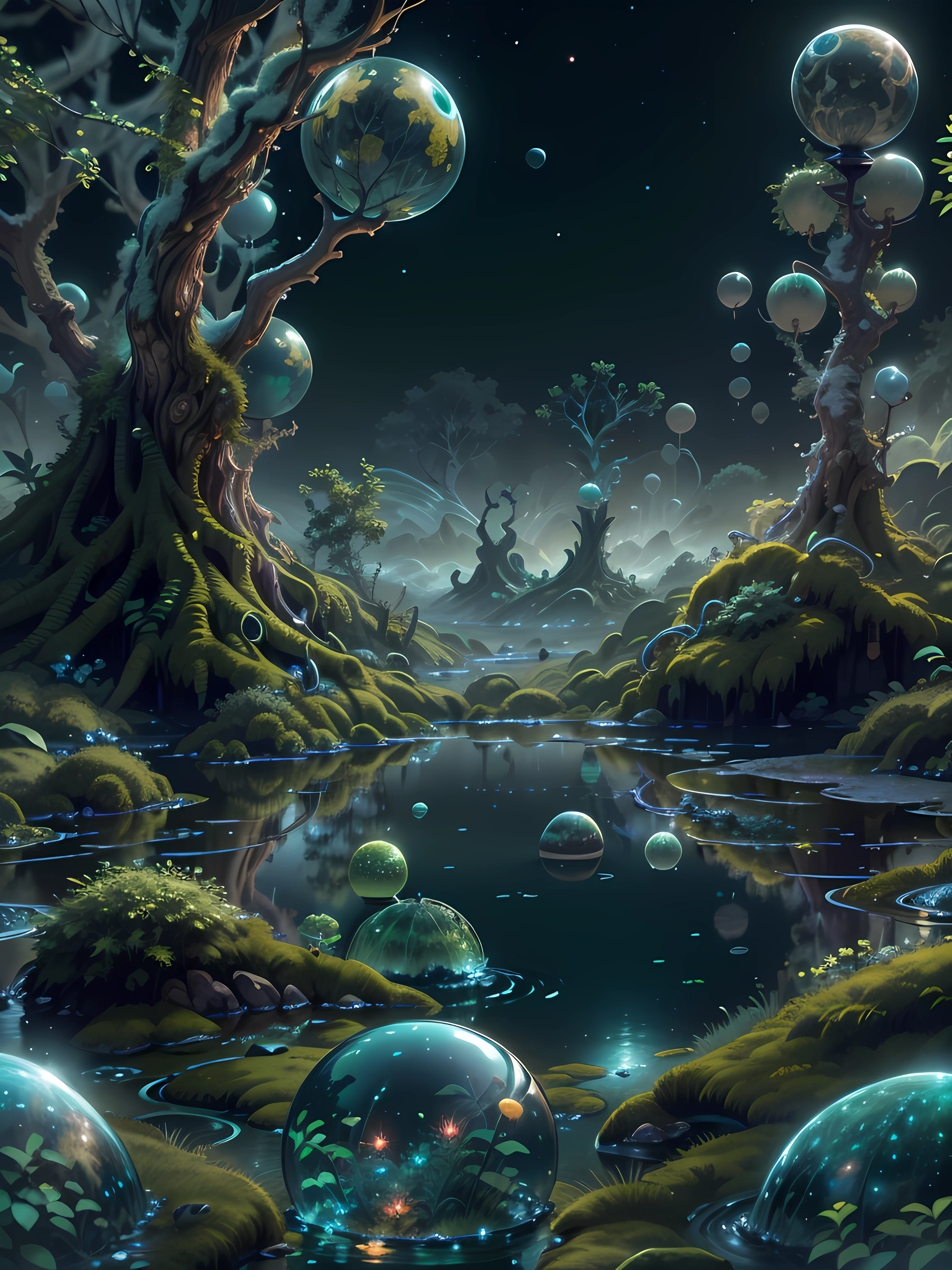 swamp, Crystal alien flower divinity surrounded moss, wet ground with reflexions, spheres from Maurits Cornelis Escher, Ice, reptilian, opl, green, blue, red and silver, planets in sky, alien lendscape, black and white still, digital Art, perfect composition, beautiful detailed intricate insanely detailed octane render trending on artstation, 8 k artistic photography, photorealistic concept art, soft natural volumetric cinematic perfect light, chiaroscuro, award - winning photograph, masterpiece, oil on canvas