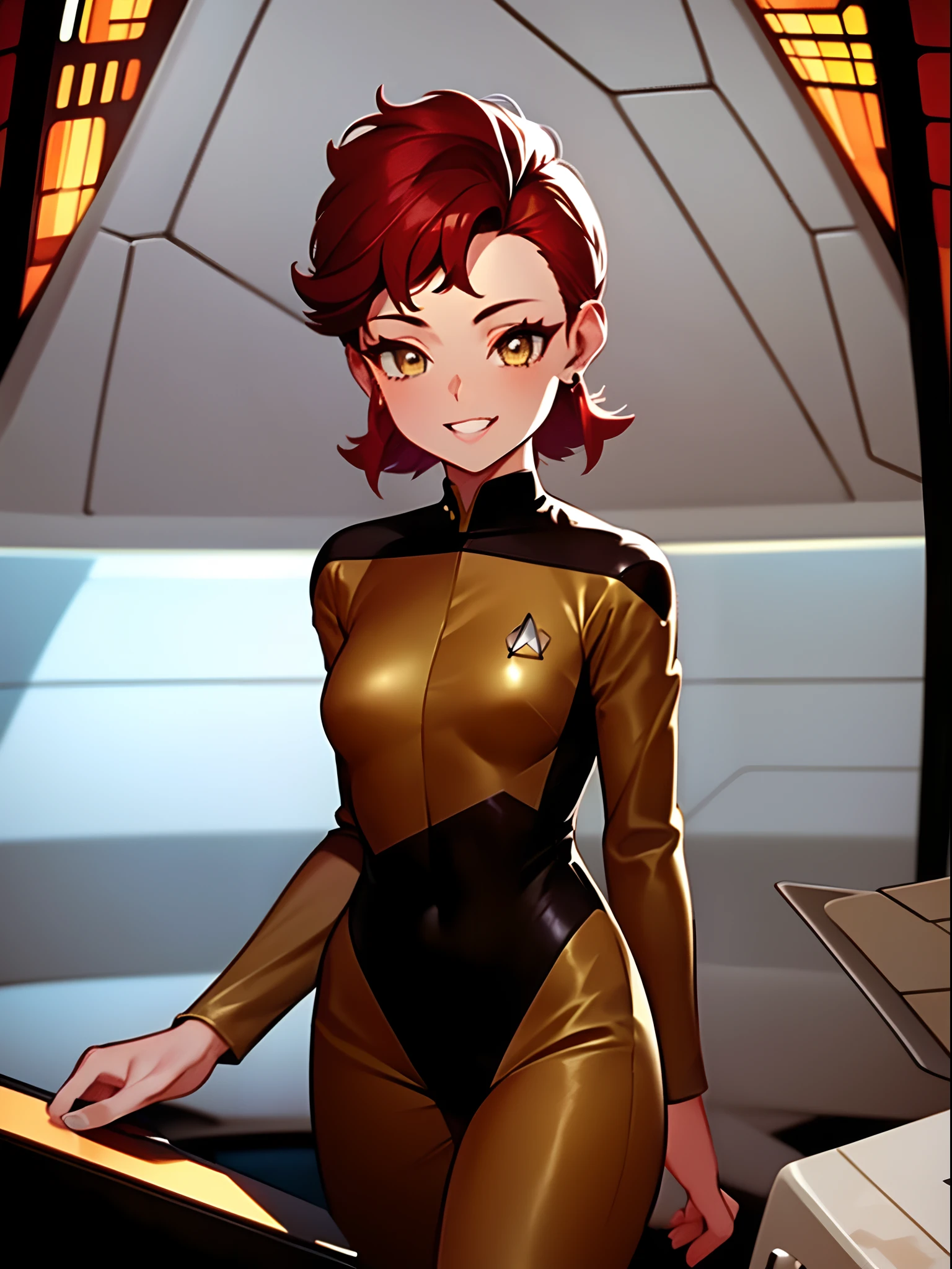 Outstanding picture quality, outstanding details, Ultra-high resolution, (Realism: 1.4), ((close up:0.75)), the best illustration, favor details, Highly concentrated for 1 very young Martian woman, beautiful and delicate face, Short tousled hair, Painted in fiery scarlet color(Vermilion hair), Brilliant golden eyes with vertical pupils, Very vulgar look, Bronzed Skin, sexually licks lips, Perfectly proportioned, (Slim:0.3, sharp small breasts with hardened nipples), Wear a very tight fit (Deep cameltoe) Monolithic silver shiny Starfleet jumpsuit, Unbuttoned to the waist(Breasts are visible), I love metallic red, inside a spaceship, Spacecraft control panel, Vessel management, The captain's bridge of the spaceship in the background, Very sexy playful pose, I haven't had sex for a long time, full-length from a short distance