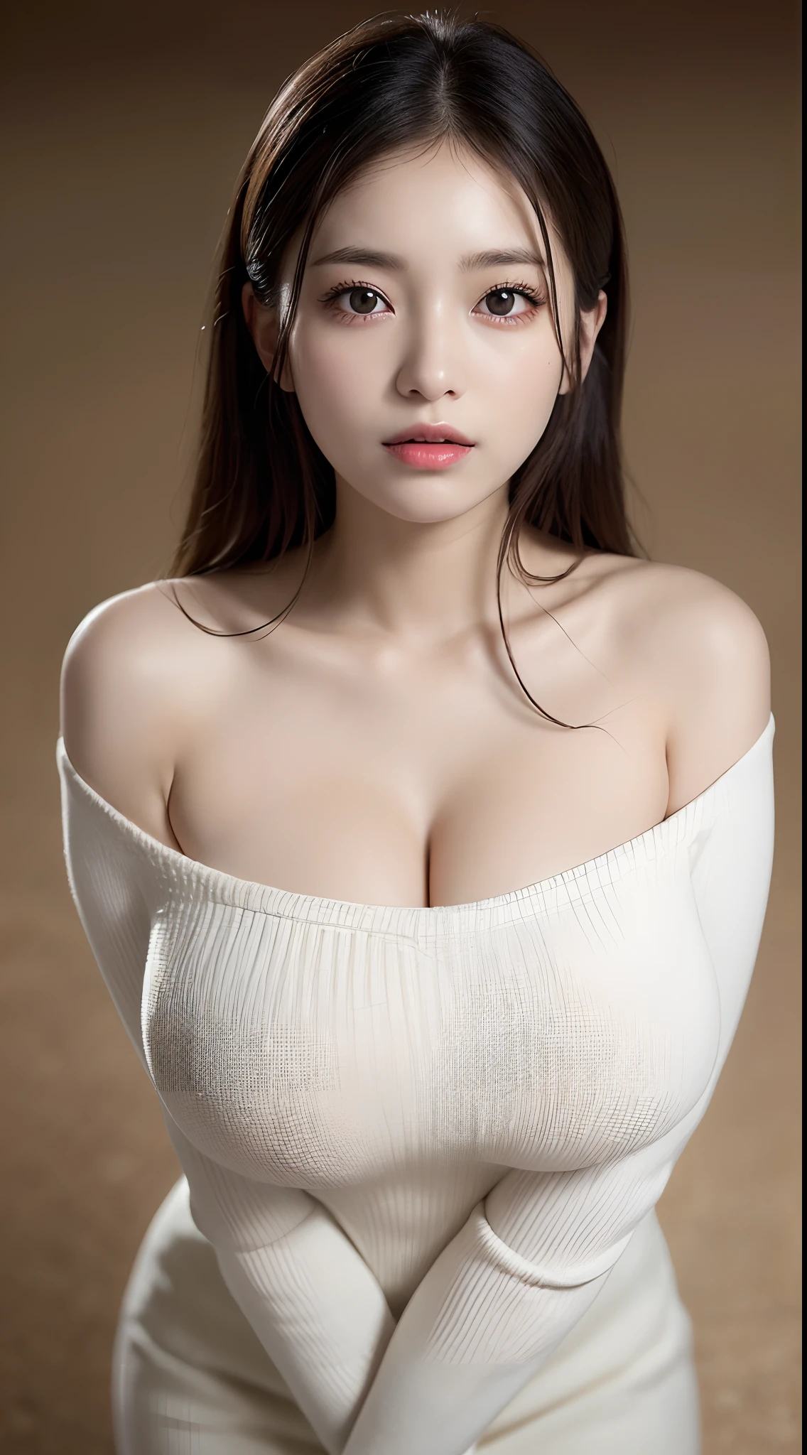 masutepiece, Best Quality, Illustration, Ultra-detailed, delicate detail, Hight Resolution, 8K wallpaper, Perfect dynamic composition, Beautiful detailed eyes,  Natural Lip, Sexy knitted dresses , (((Huge breasts :1.2, and droopy breasts:1.1))), cleavage, Random sexy poses, (((shiny white skin))), perfect shiny skin, prefect skin, (walking), Innocent Big Eyes, Detailed Eyes, ((very detail eyes)), (from above:1.2)