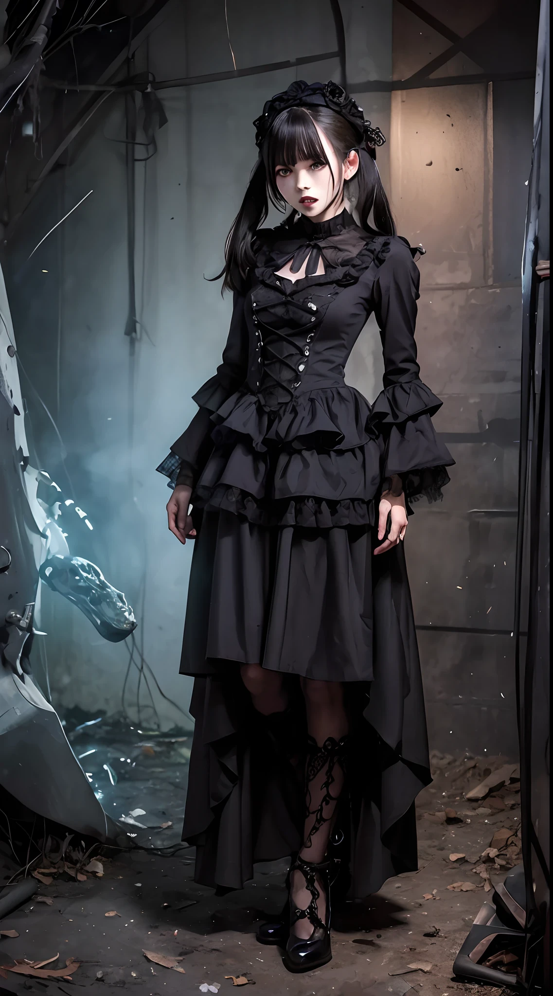 （in 8K. ＨＤＲ.Hyper-Realism、Masterpiece 1.4、Live Photo 1.4, Best quality1.4, Ultra Detailed 1.4、​masterpiece:1.4、Insanely detailed、Perfect Shading、Solo Photography、NIKON　nffsw.50mm Lens、full body photographed）（（（Gothic lolita、Horror、Necronomicon、skeletal,skull,girl、mid night、dimly lit basement、Basement full of creepy objects、A Necromancer、、Whole body bloody、、full body picture 1.5）））（（（femele, 18year old、Small face 1.4、twin-tail hair、Bangs on the forehead、A dark-haired、Five Fingers.）））、（small tit、small tits、muscular body、zombie、guts,intestine、Pale ,pale skin、dead body、Detailed skin with visible pores、extremely detailed and beautiful face、Detailed skin）、