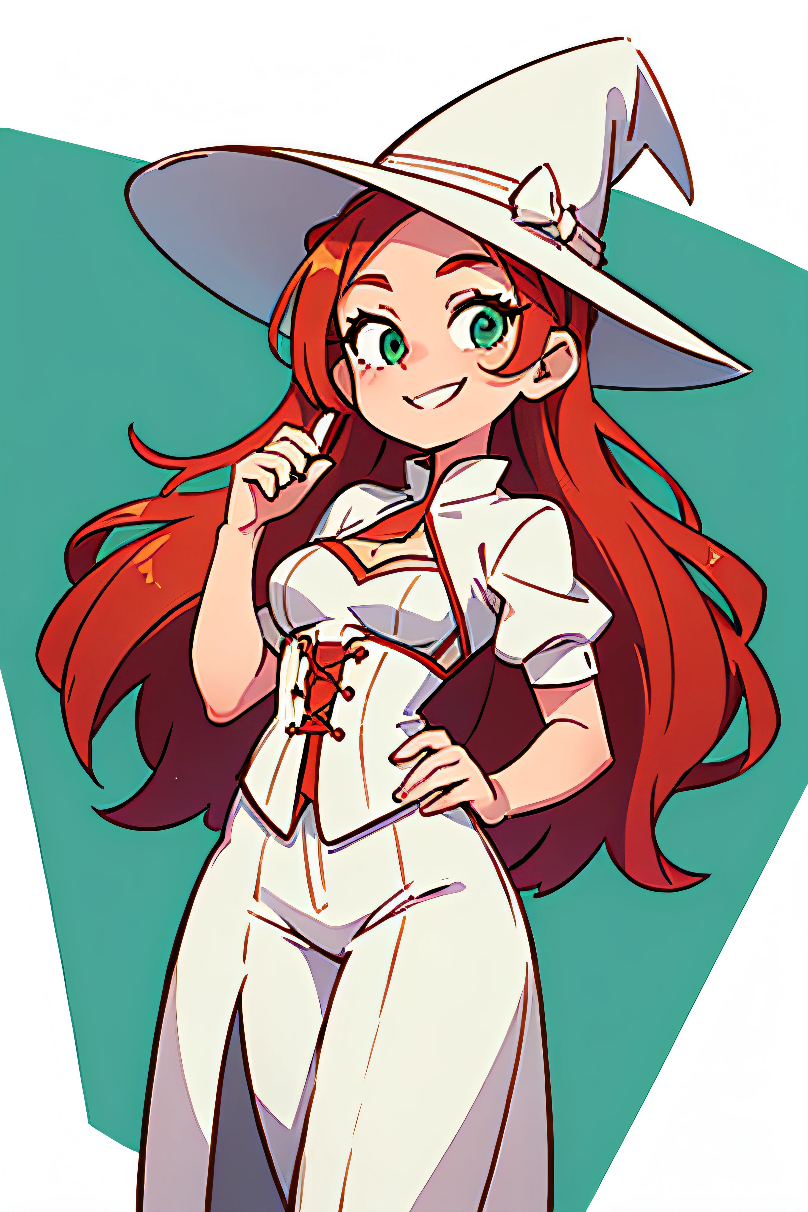 A girl, white corset, redhead hair, green colored eyes, White Hat, ssmile ,whitebackground, full length
