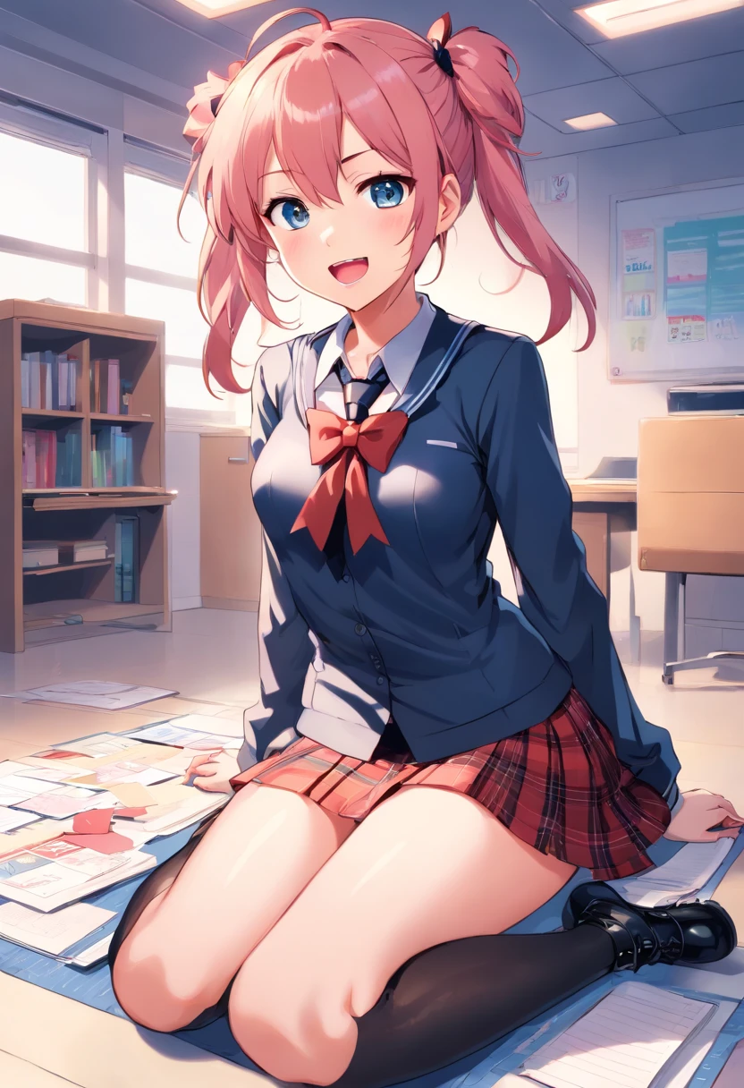 long hair, 1girl, hair ornament, twintails, solo, breasts, blue eyes, cleavage, bow, bear hair ornament, necktie, blonde hair, smile, bangs, large breasts, looking at viewer, collarbone, shirt, nail polish, red bow, black shirt, underwear, bra, skirt, choker, black bra, sleeves rolled up, white necktie, red nails, open mouth, pleated skirt, red skirt, shiny, teeth, medium breasts, miniskirt, shiny hair, upper body, school uniform, pink hair, boots, upper teeth only, plaid skirt, blush, knee boots, plaid, black footwear, cross-laced footwear, junko enoshima love letter,
