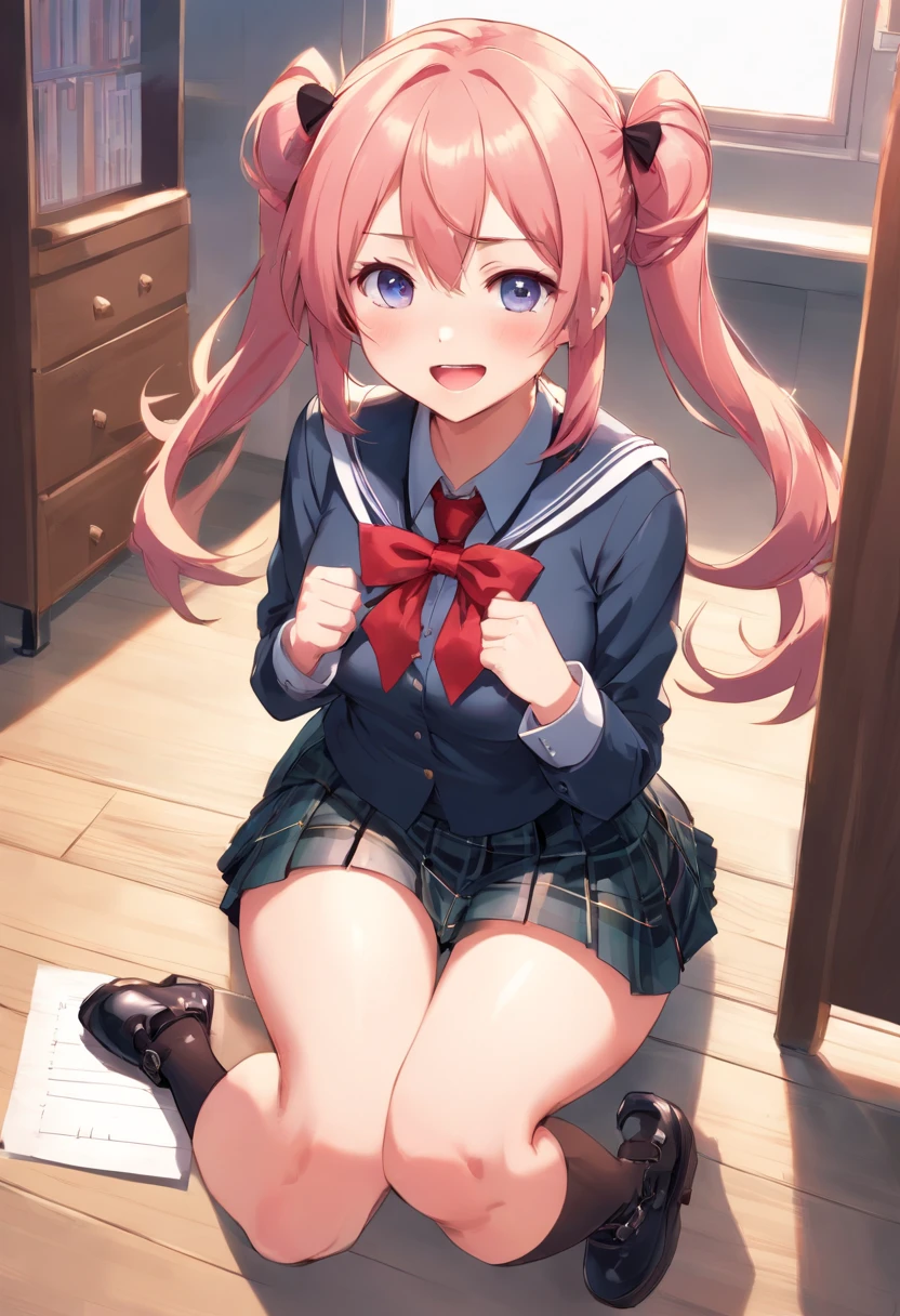 long hair, 1girl, hair ornament, twintails, solo, breasts, blue eyes, cleavage, bow, bear hair ornament, necktie, blonde hair, smile, bangs, large breasts, looking at viewer, collarbone, shirt, nail polish, red bow, black shirt, underwear, bra, skirt, choker, black bra, sleeves rolled up, white necktie, red nails, open mouth, pleated skirt, red skirt, shiny, teeth, medium breasts, miniskirt, shiny hair, upper body, school uniform, pink hair, boots, upper teeth only, plaid skirt, blush, knee boots, plaid, black footwear, cross-laced footwear, junko enoshima love letter,