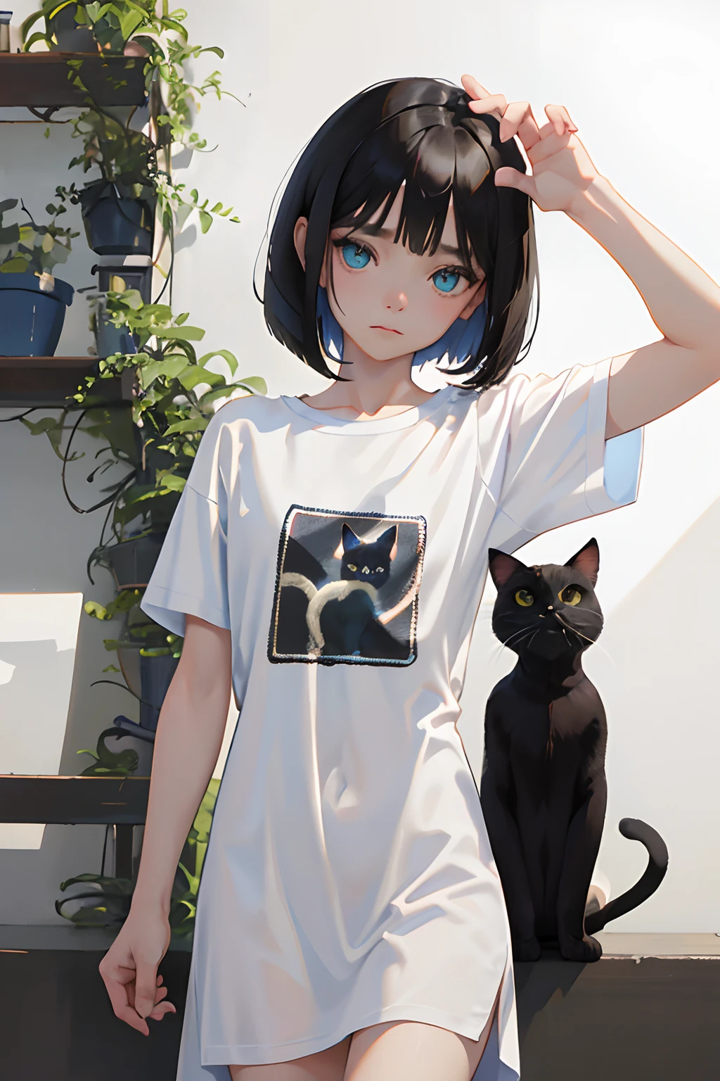 （​masterpiece，Highest Quality），(child)，((Long white T-shirt with black cat print，Thin dress))，(A dark-haired，Medium bob)，Turquoise eyes，embarrassed from，sleepy expression，Delicate body