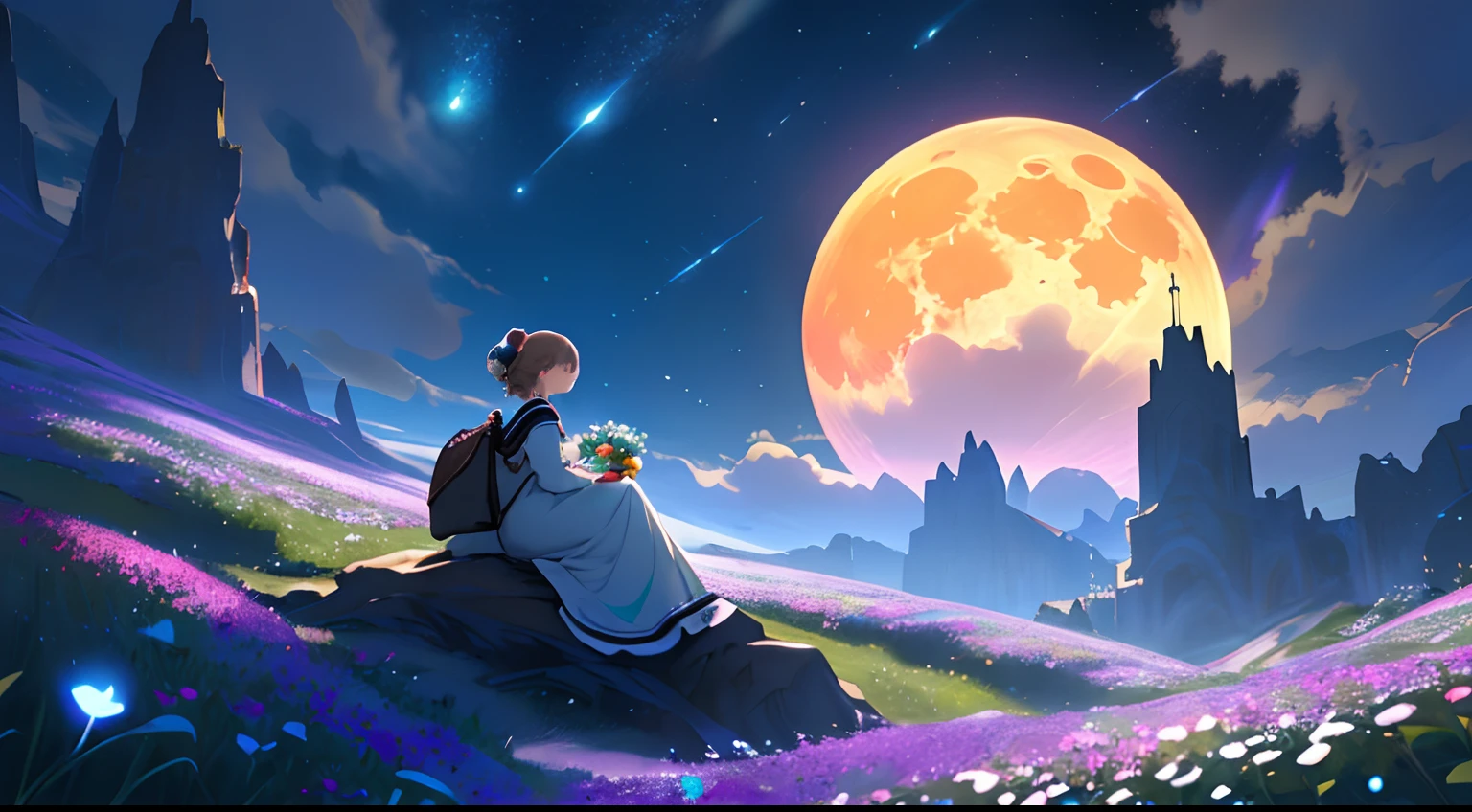 Landscape Photography（Seen from below、Sky above、Lower is the field）、Girl sitting in flower garden looks up（fullmoon：1.2）、（meteors：0.9）、（nebulas：1.3） )、mountain in the distance々、WOOD BREAK CRAFTING ART、(Warm light: 1.2)、(fireflys: 1.2)、A light、Lots of Purples and Oranges、intricate detailes、Volume Lighting BREAK (​masterpiece: 1.2)、(top-quality)、4K、ultra-detailliert、(The composition of the movement: 1.4)、Rich in details and colors、(Irridescent color: 1.2)、(Glow、Atmospheric lighting)、Dreamy、Magical、(独奏: 1.2)、Sateen、Magnificent view、magnificient clouds