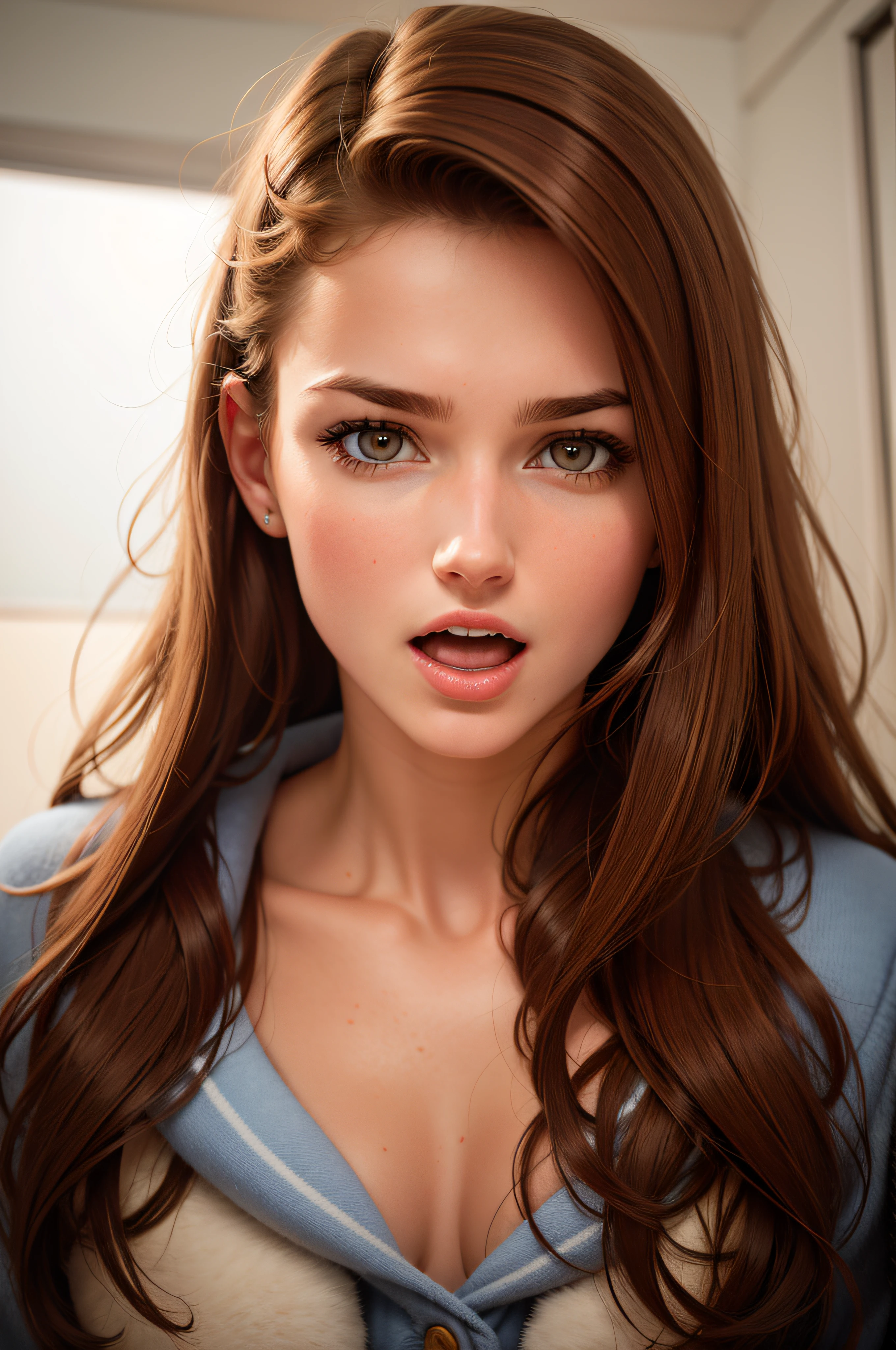 1girl, open mouth, brown hair, 22 year old girl, realistic, perfect skin perfect model face , Scottish , masterpiece , lens flare lighting, real life, detailed facial features ,