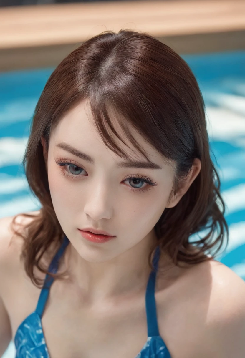 Best Quality, masuter piece, 超A high resolution, (Photorealistic:1.4), Raw photo, Professional Lighting, high-level image quality, high-detail, ​masterpiece、a 25 year old girl、Wet eyes、Competitive swimmers、Competitive swimsuit、(Swimming:1.5)、The background is a pool、Beautiful expression、japanes