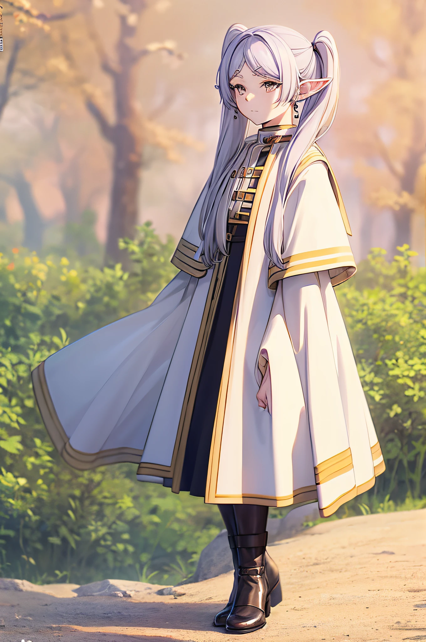 Life activities, Freelen、in woods、1人、耳Nipple Ring、elvish、length hair、Spiky ears、独奏、Twin-tailed、verd s eyes、耳Nipple Ring、white  hair、[looking at viewert]Usually provided: white capelet、White sleeves、long-sleeve、 [long boots、brown shoes、Black pantyhose]robe blanche: bare shoulders​、鎖骨、doress、robe blanche、sleeveless dresses、the pose: is standing(masutepiece:1.2), Best Quality,Best Beautiful Girl, High resolution, Unity 8k壁纸, (Illustration:0.8), Perfect Lighting, extremely details CG, (Perfect hands, Perfect Anatomy),((model poses)),Eyes open,(masutepiece:1.2), High resolution, Unity 8k壁纸, (Illustration:0.8), extra detailed face, Perfect Lighting, extremely details CG, (Perfect hands, Perfect Anatomy),masutepiece, Best Quality,Cowboy Shot,