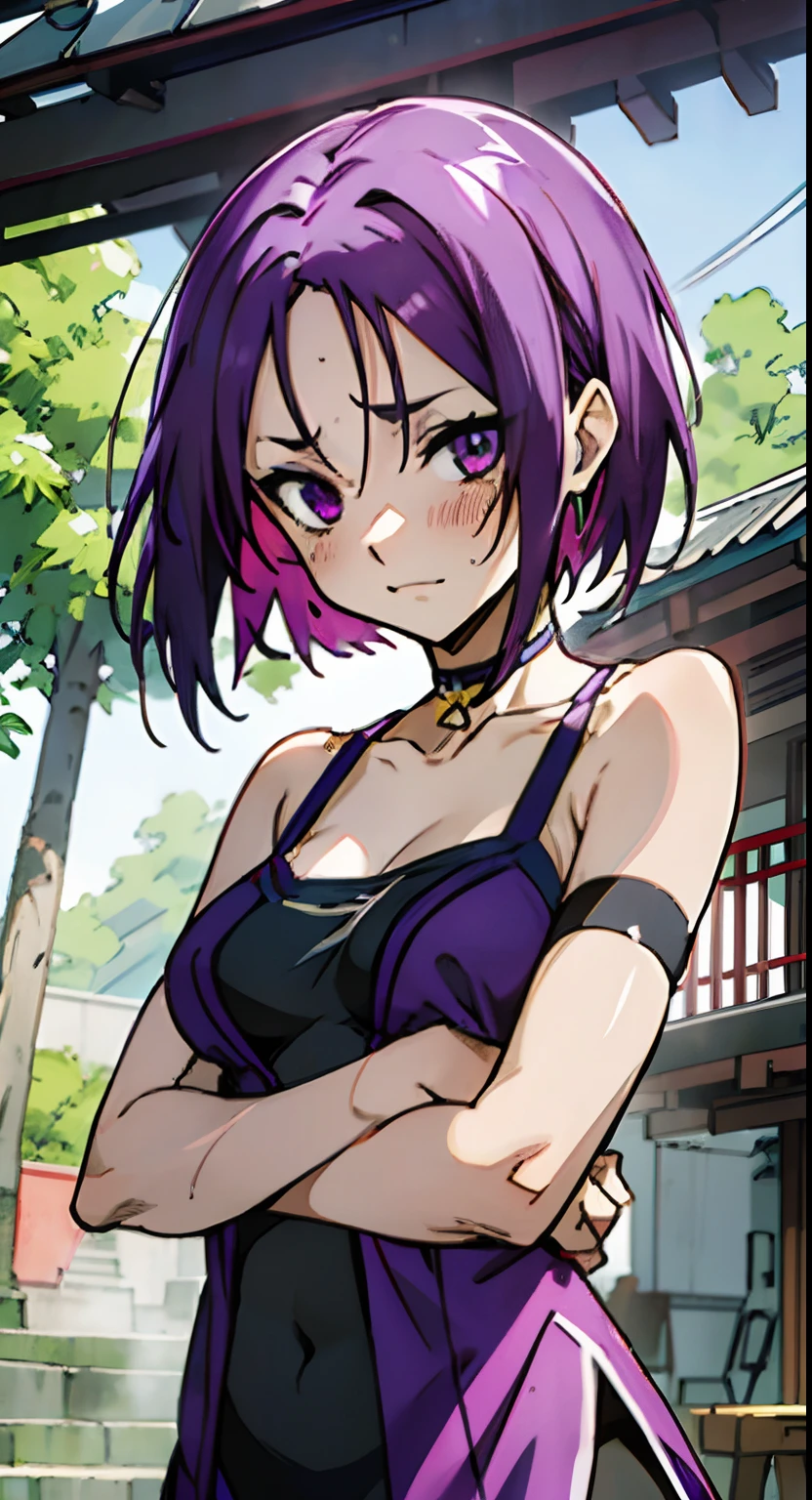 masutepiece, Best Quality, Ultra-detailed, Colorful,Up-close, Hyper-detailing,purple color hair, Reo Mikage, Blue Lock, no sleeves, Camisole and cheongsam, chinese clothes, Chest exposure, Underwear, Ruffled underwear, Metamorphosis is exposed, Choker, Black Choker, arm warmer, Relative area, Dragon tattoo, Sexy breasts, Scar, Big breasts, red blush, 1girl in, Solo, Sharp face, Heterochromia, Green eyes, Purple eyes, Bare neck, Happy face, rays of sunshine, Brave Sky, shining sky, Shanghai Village, Slums, two people, , Baby with a shaved head, Baby wrapped in a towel, Baby is crying, Hugging the baby