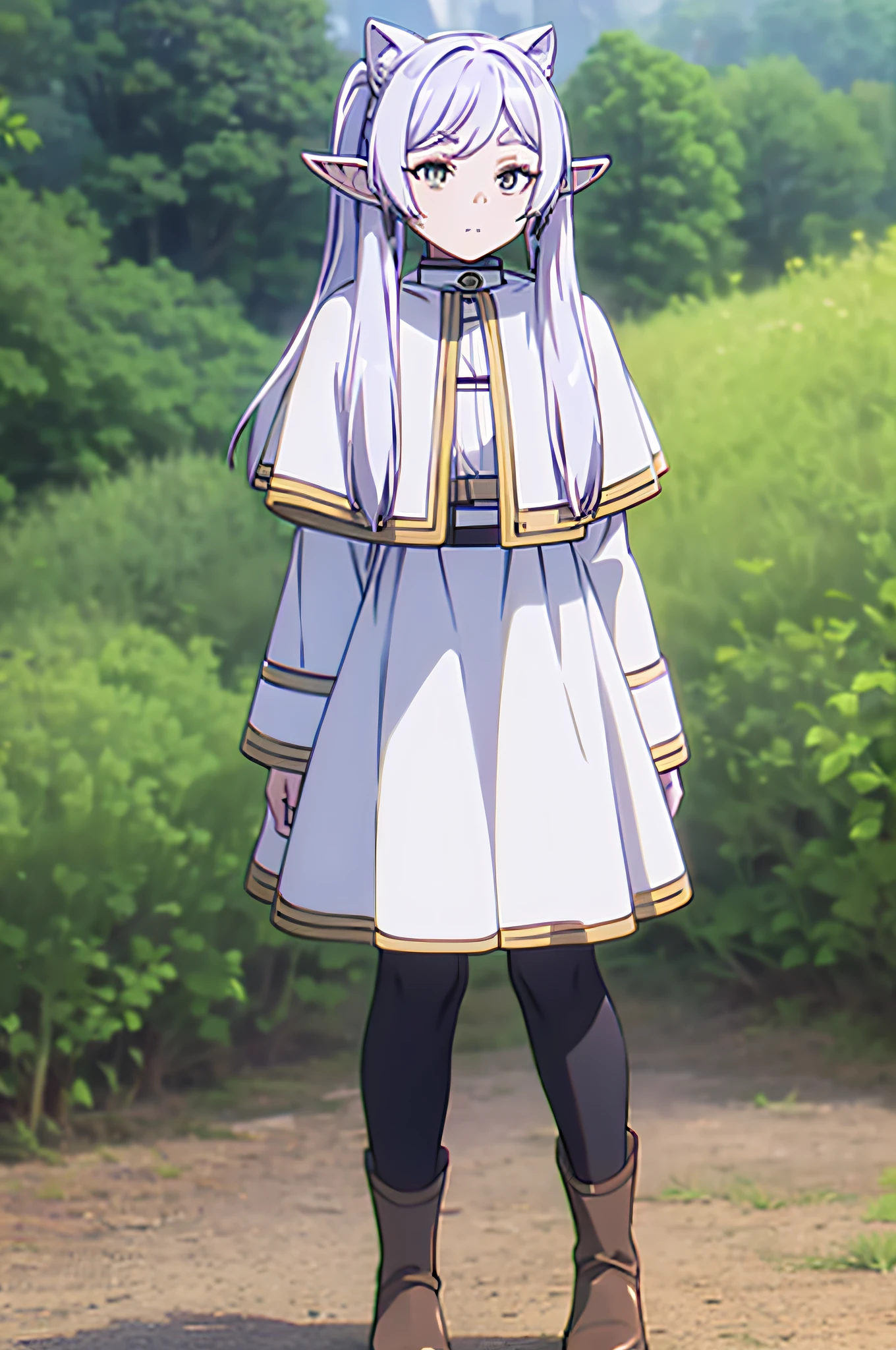 Life activities, Freelen、in woods、1人、耳Nipple Ring、elvish、length hair、Spiky ears、独奏、Twin-tailed、verd s eyes、耳Nipple Ring、white  hair、[looking at viewert]Usually provided: white capelet、White sleeves、long-sleeve、 [long boots、brown shoes、Black pantyhose]robe blanche: bare shoulders​、鎖骨、doress、robe blanche、sleeveless dresses、the pose: is standing(masutepiece:1.2), Best Quality,Best Beautiful Girl, High resolution, Unity 8k壁纸, (Illustration:0.8), Perfect Lighting, extremely details CG, (Perfect hands, Perfect Anatomy),((model poses)),Eyes open,(masutepiece:1.2), High resolution, Unity 8k壁纸, (Illustration:0.8), extra detailed face, Perfect Lighting, extremely details CG, (Perfect hands, Perfect Anatomy),masutepiece, Best Quality,Cowboy Shot,