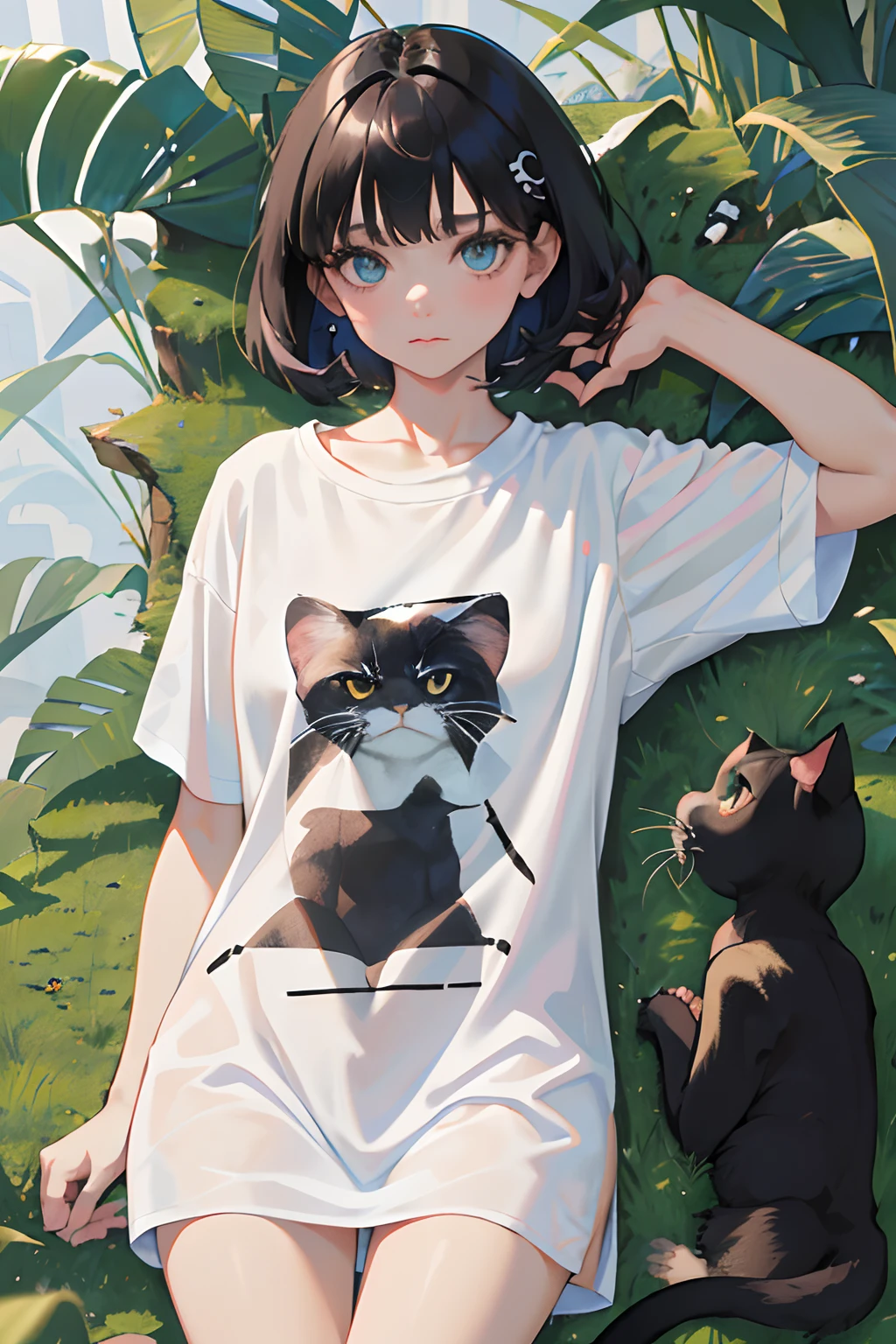 (masterpiece,Highest Quality),(child),((Long white T-shirt with black cat print,Thin dress)),(A dark-haired,Medium bob),Turquoise eyes,embarrassed from,sleepy expression,Delicate body
