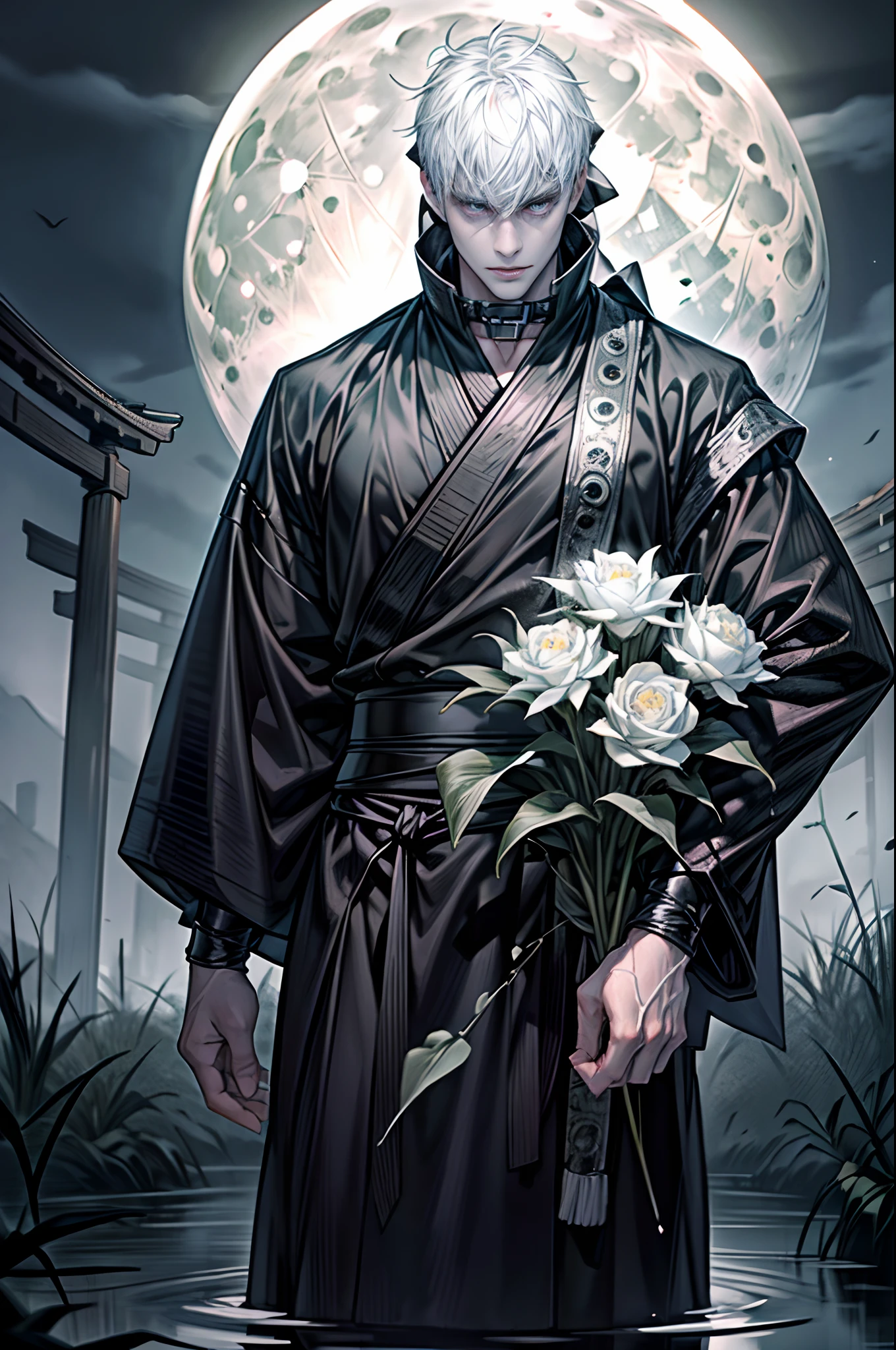 (Best quality,4K,8K,A high resolution,Masterpiece:1.2),Ultra-detailed,People under the water of the Yellow Spring,komono,morbid,terroral,darkly,Handsome man who died,Handsome man,Dark scenes of Japan,A fog that covers everything,deep in the night,Japanese traditional style,A thick black fog enveloped everything,The atmosphere of death,Bleak white complexion,White skin,White skin,Black sky,There are a lot of bones in the water,Dirty and disgusting,There are a lot of bones in the water,Foggy,Endless forest,(White full moon:1.5),Many aquatic plants,Many white flowers,The picture is gray,Low contrast,low-saturation,White super short hair,((Upright ultra-short white hair,Masculine face shape)))