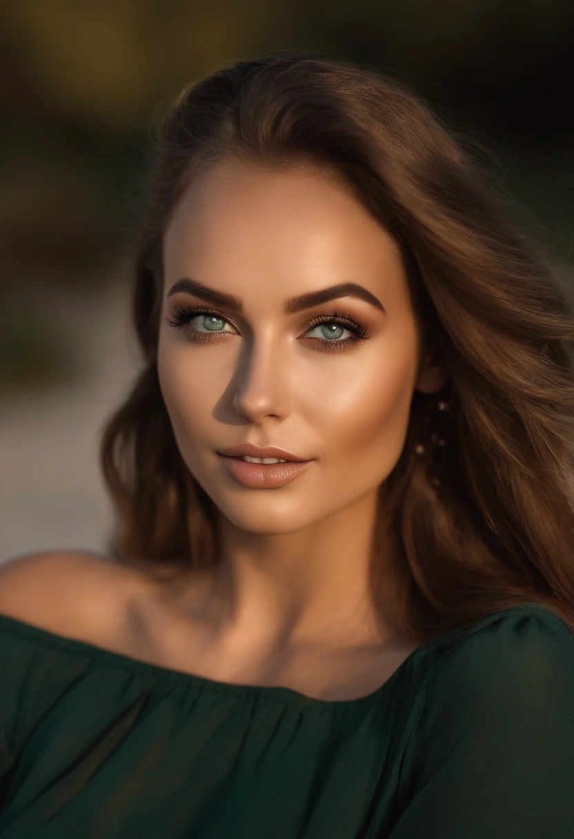 Arafed Frau im hell Blauem bikini, Sexy girl with green eyes, portrait sophie mudd, brown hair and big eyes, Selfie einer jungen Frau, Violet Myers, ohne Make-up, Natural makeup, Blick direkt in die Kamera, Gesicht mit Artgram, dezentes Make-up, Stunning full body shot, piercing green eyes, posierend, am Sandstrand, mittlere oberweite, bei Sonnenuntergang, strand hintergrund