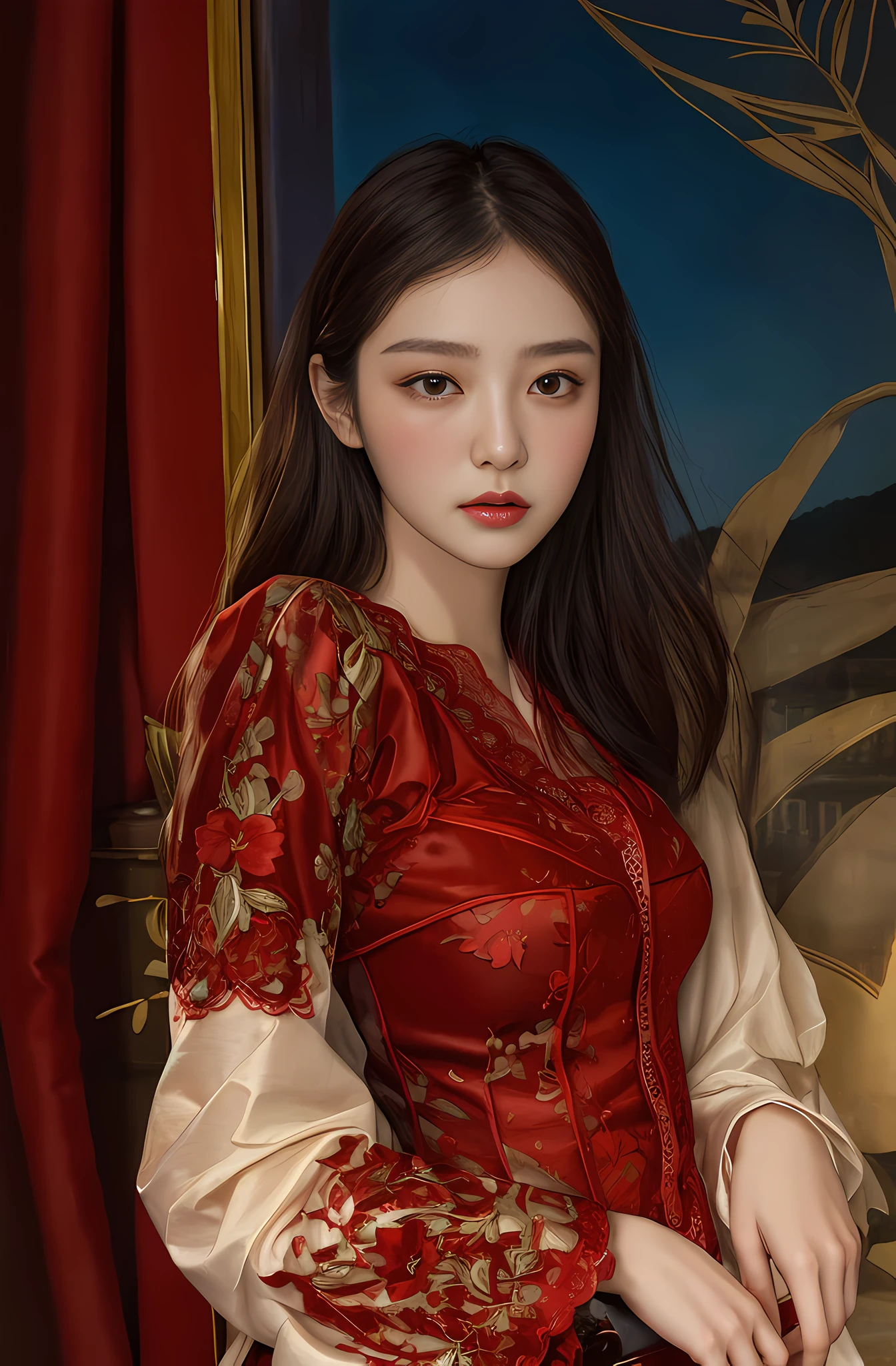 masterpiece、mid night、top-quality、Ultra detailed clothing lace、Clothes made of red lace、Korean Women、Cool and beautiful face、
,Best Quality, Realistic, Photorealistic,ultra-detailliert,extra detailed face