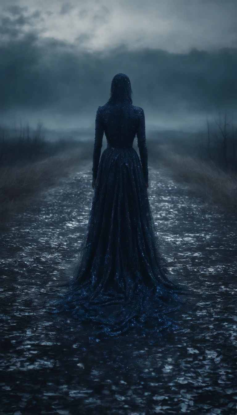 Photo shoot of a ghostly female silhouette of a million sequins. Blue and silver landscapes. Low-profile view. ultra realistis