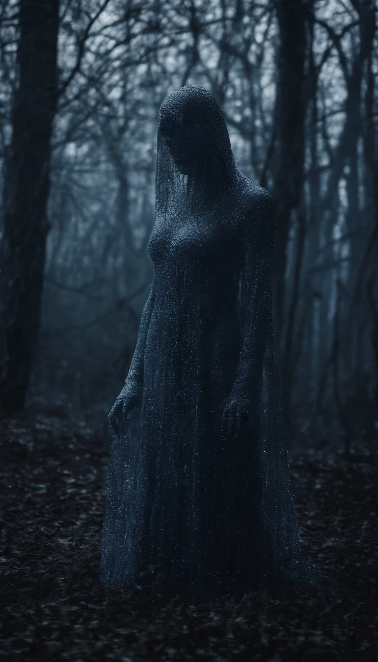 Photo shoot of a ghostly female silhouette of a million sequins. Blue and silver landscapes. Low-profile view. ultra realistis