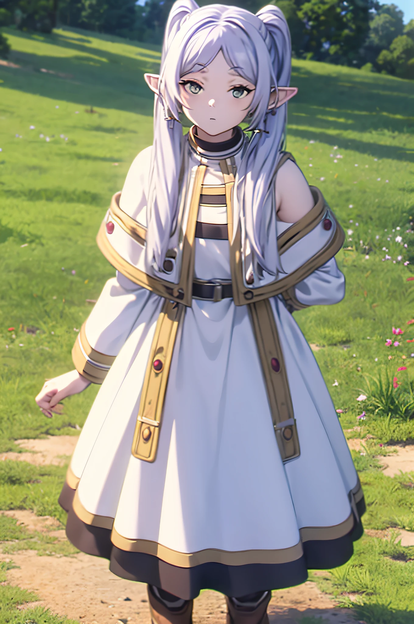 Life activities, Freelen、女の子1人、耳Nipple Ring、elvish、length hair、Spiky ears、独奏、Twin-tailed、verd s eyes、耳Nipple Ring、white  hair、[looking at viewert]Usually provided: white capelet、White sleeves、long-sleeve、 [long boots、brown shoes、Black pantyhose]robe blanche: bare shoulders​、鎖骨、doress、robe blanche、sleeveless dresses、the pose: is standing(masutepiece:1.2), Best Quality,Best Beautiful Girl, High resolution, Unity 8k壁纸, (Illustration:0.8), Perfect Lighting, extremely details CG, (Perfect hands, Perfect Anatomy),model poses,Eyes open,(masutepiece:1.2), High resolution, Unity 8k壁纸, (Illustration:0.8), extra detailed face, Perfect Lighting, extremely details CG, (Perfect hands, Perfect Anatomy),masutepiece, Best Quality,Cowboy Shot,