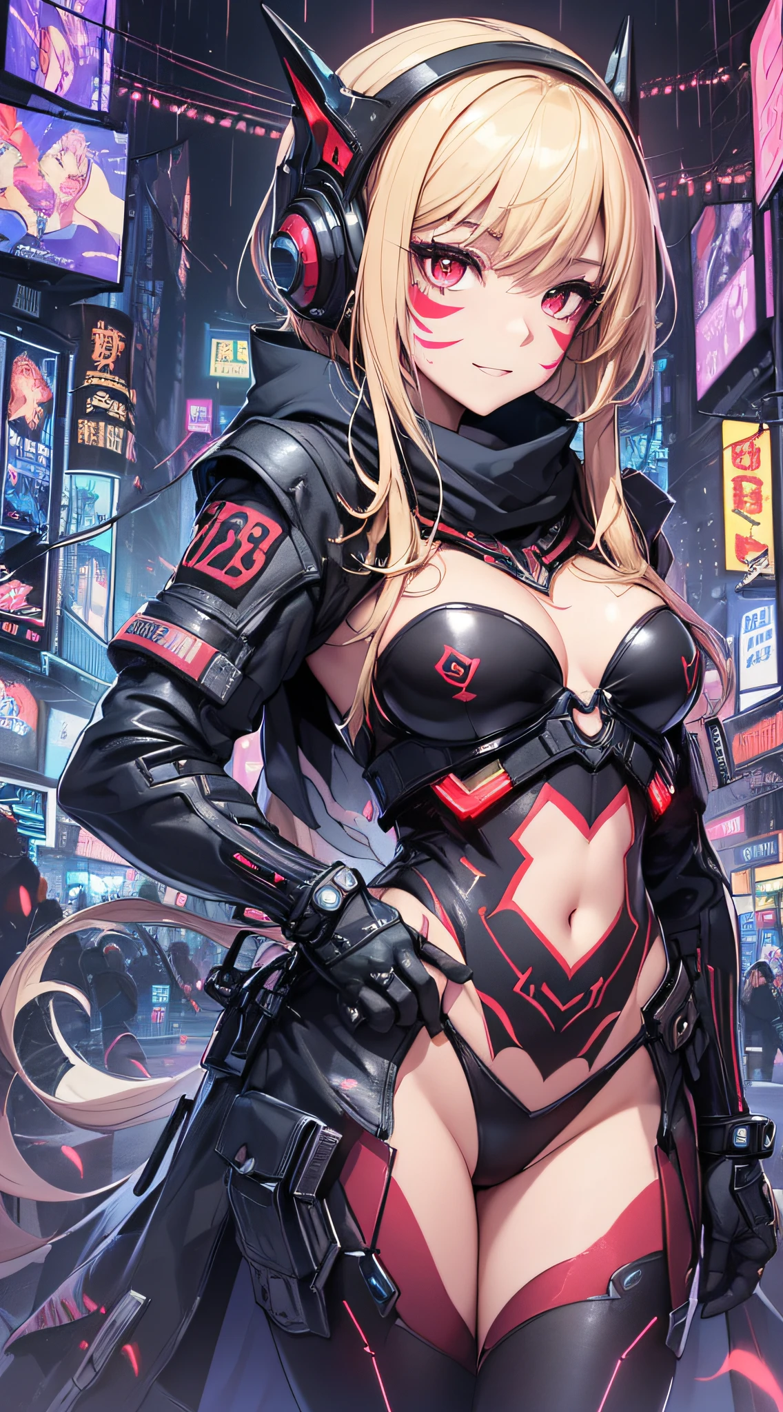 top-quality、Top image quality、masterpiece、girl with((18year old、Red, Black and blue glowing cybersuit、falda corta、white parka、Best Bust、Bust 90、Blonde Away Tail、Red Eyes、open chest wide、Valley、Happiness、A slender、ssmile、Red Face Paint、Black scarf、Reflecting the whole body、Slouch action))hiquality、Beautiful Art、Background with((nightcity、cyberpunkcity、twlight))、masutepiece、Elaborate design、visualart、
