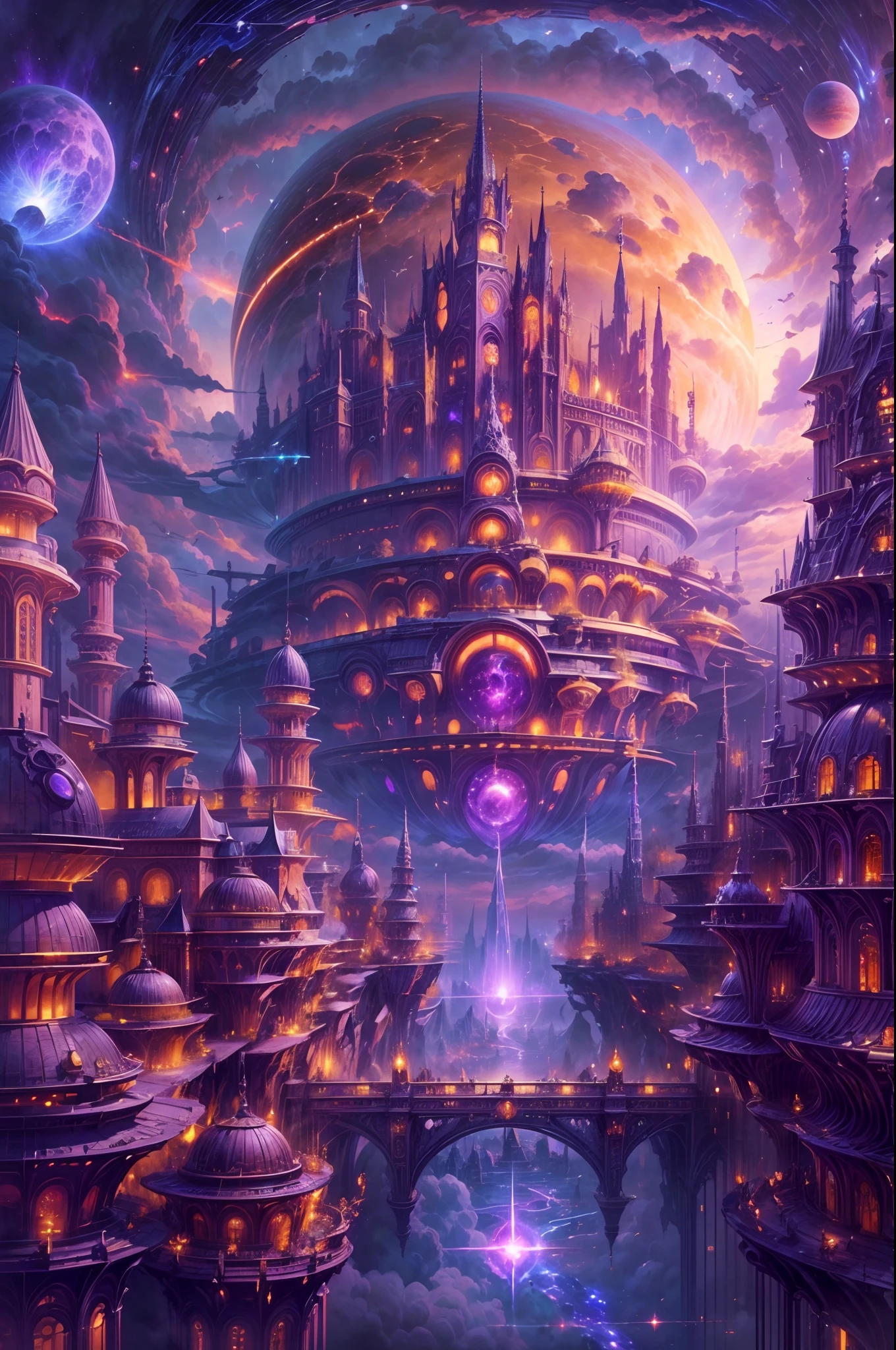((master piece)), best quality, (8k, best quality, masterpiece:1.2), ultra-detailed, illustration, big fantasy city, Science fiction, ethereal city, Floating city, many planets in the skies, clouds around, celestial architecture, purple energy scarring around, Giant castle in the center, astral skies