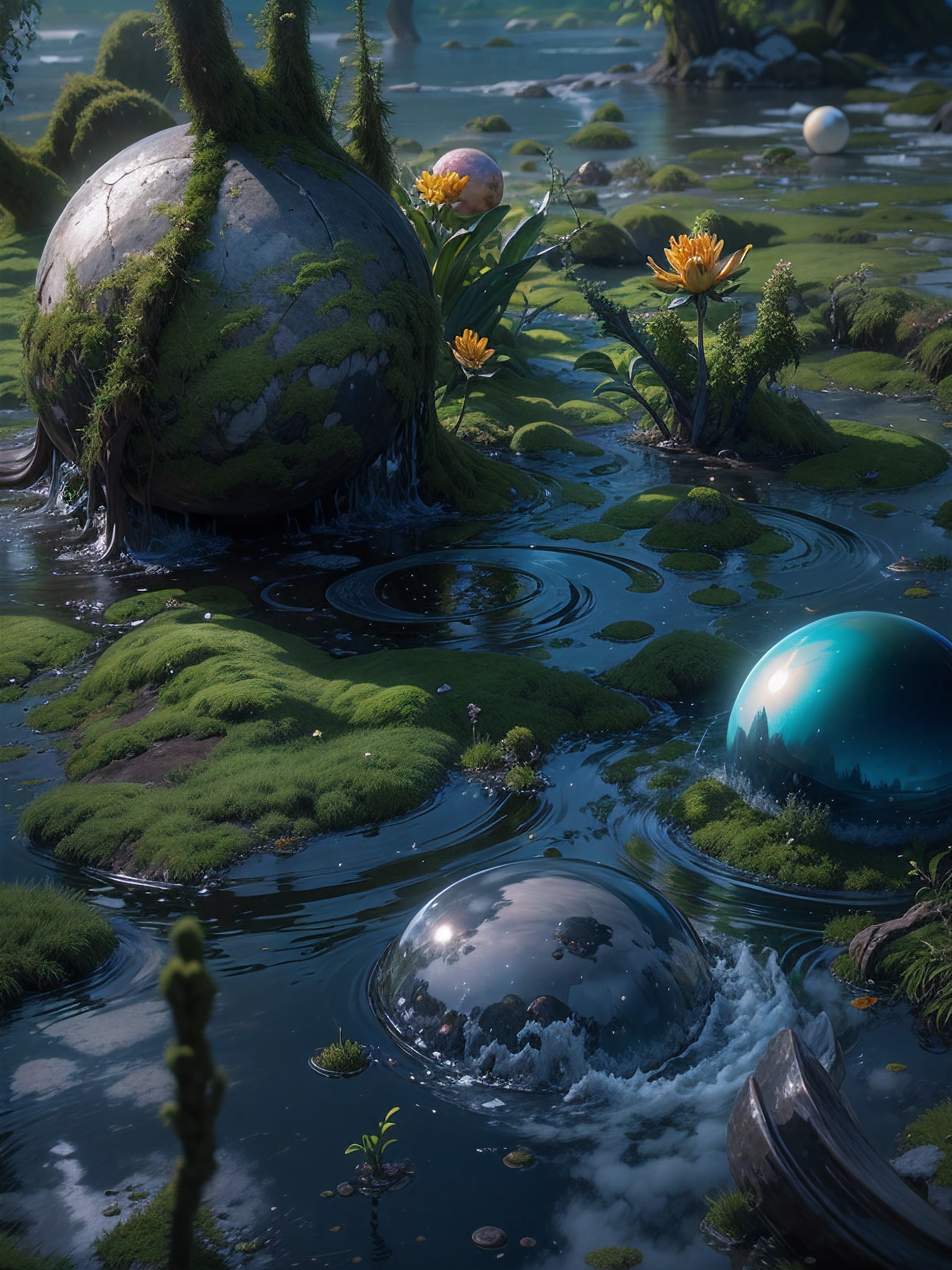 swamp, Crystal alien flower divinity surrounded moss, wet ground with reflexions, spheres from Maurits Cornelis Escher, Ice, reptilian, opl, green, blue, red and silver, planets in sky, alien lendscape, black and white still, digital Art, perfect composition, beautiful detailed intricate insanely detailed octane render trending on artstation, 8 k artistic photography, photorealistic concept art, soft natural volumetric cinematic perfect light, chiaroscuro, award - winning photograph, masterpiece, oil on canvas