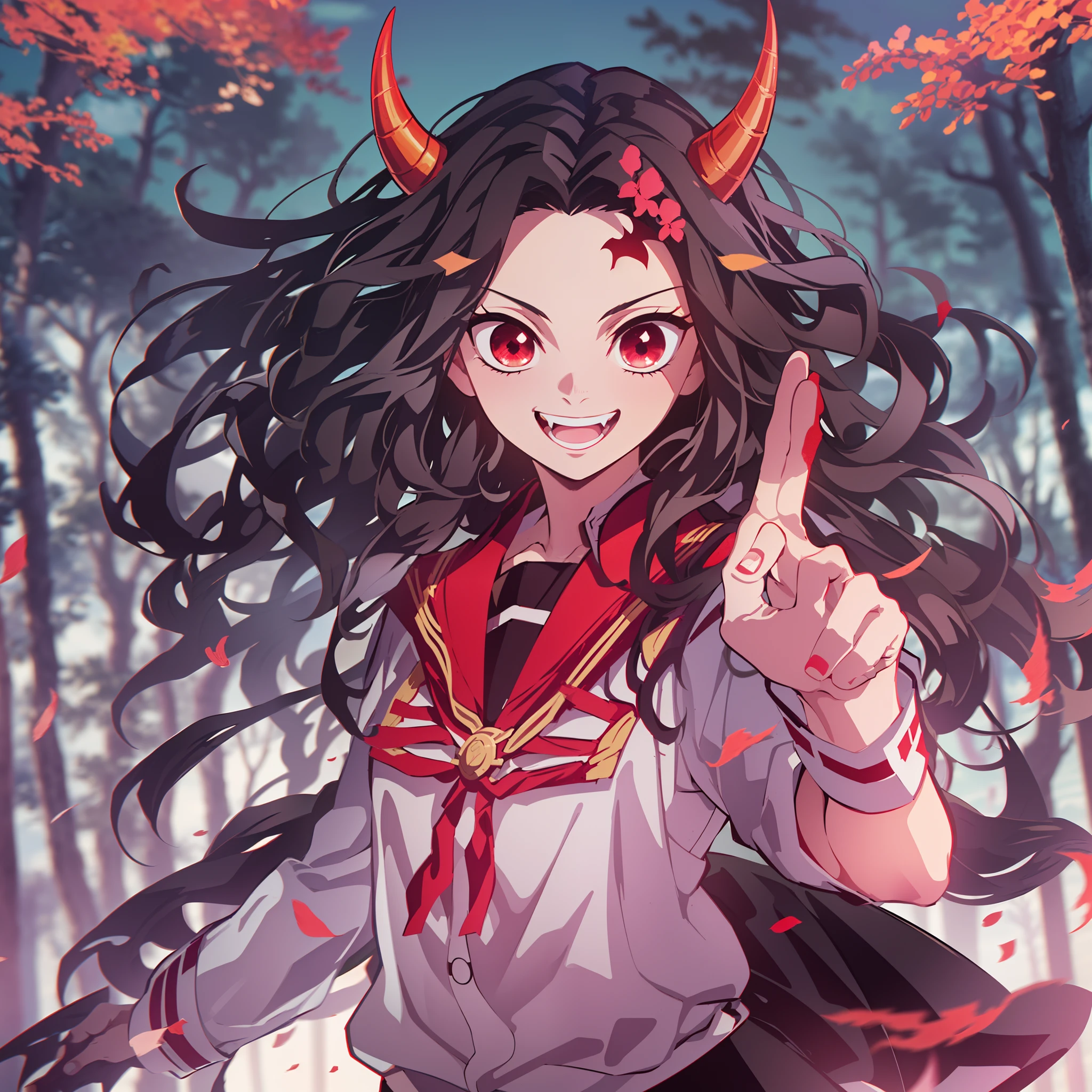(masterpiece, best quality:1.2), kimetsu no yaiba style, kamado nezuko, (1girl, solo), 18years old, upper body, sailor suit, (black long hair, wave hair), forehead, (red demon horns, red eyes), (evil smile:1.2), long fangs, victory sign, (park background:1.3)