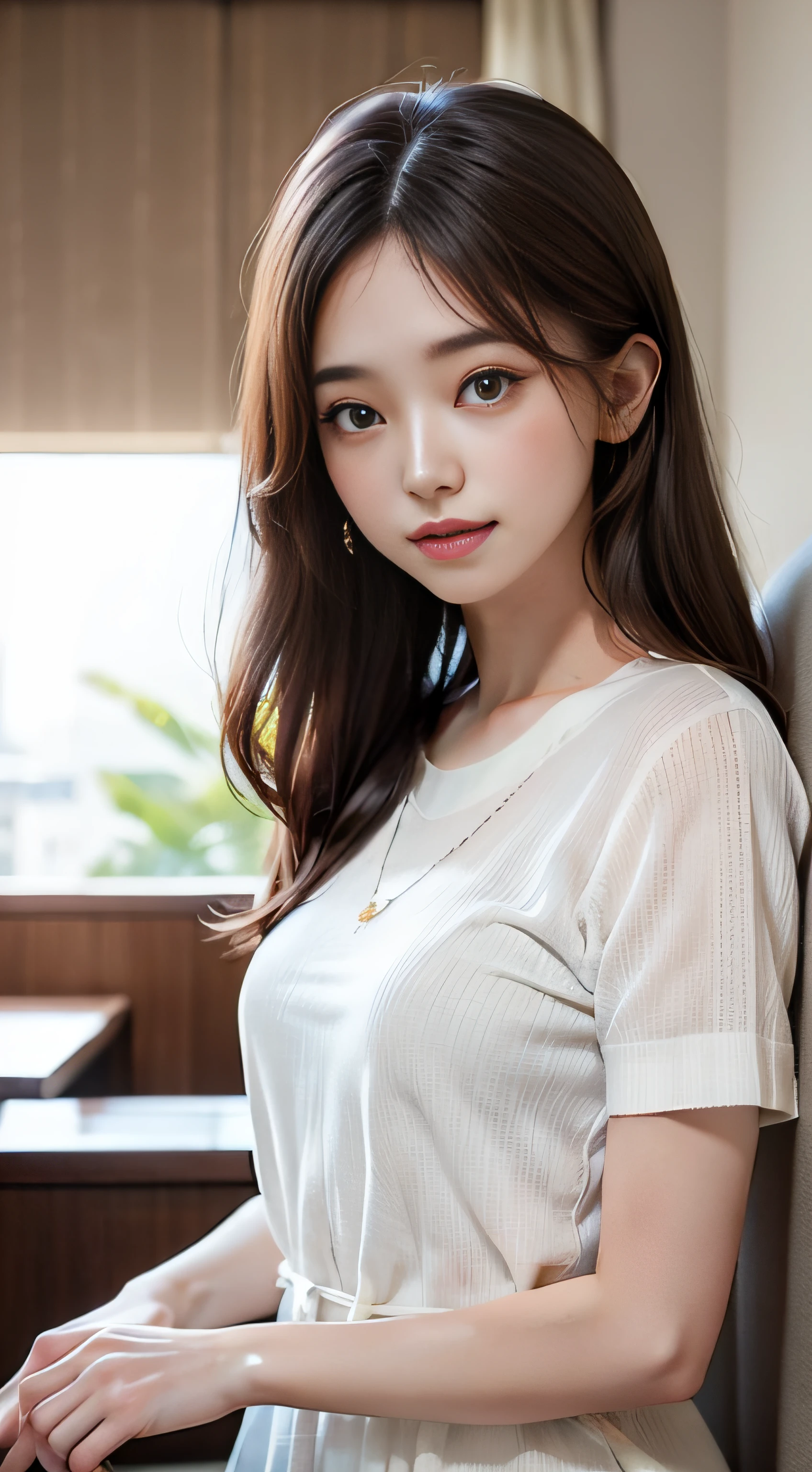 ​masterpiece、Top image quality:1.2、((beautiful young woman with))、Transparent skin:1.2、{A slight smil}、(kawaii)、Short sleeve knit、luxury hotel、depth of fields