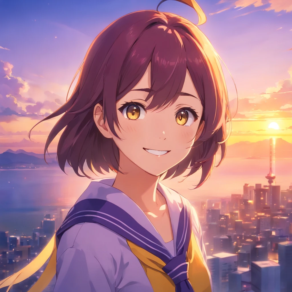 tmasterpiece，best qualtiy，cinematic Film still from，1girll，girl，Sunset clouds，teens girl，8K，Floating in the sky，closeup cleavage，brightly，cheerfulness，Warm and soft lighting，evening light，（spark of light：0.7）Gorgeous Hair in Long Purple，There are two yellow arrow headdresses on either side of the hair，Purple clothes，Dark purple tie，Tie with two buttons，The shoulders of the clothes are yellow，Tilting your head and smiling at the camera，Be red in the face