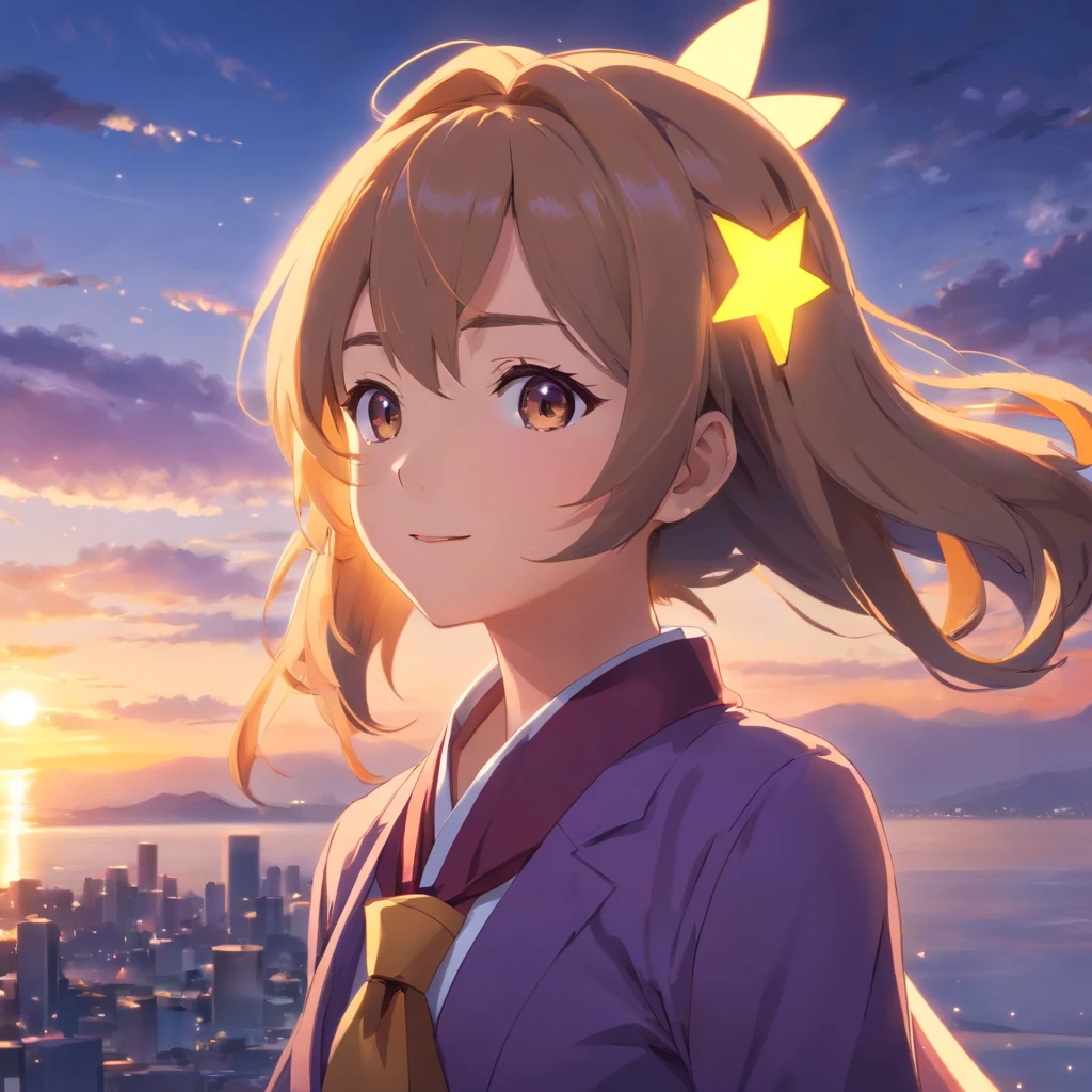 tmasterpiece，best qualtiy，cinematic Film still from，1girll，girl，Sunset clouds，s girl，8K，Floating in the sky，closeup cleavage，brightly，cheerfulness，Warm and soft lighting，evening light，（spark of light：0.7）Gorgeous Hair in Long Purple，There are two yellow arrow headdresses on either side of the hair，Purple clothes，Dark purple tie，Tie with two buttons，The shoulders of the clothes are yellow，Tilting your head and smiling at the camera，Be red in the face