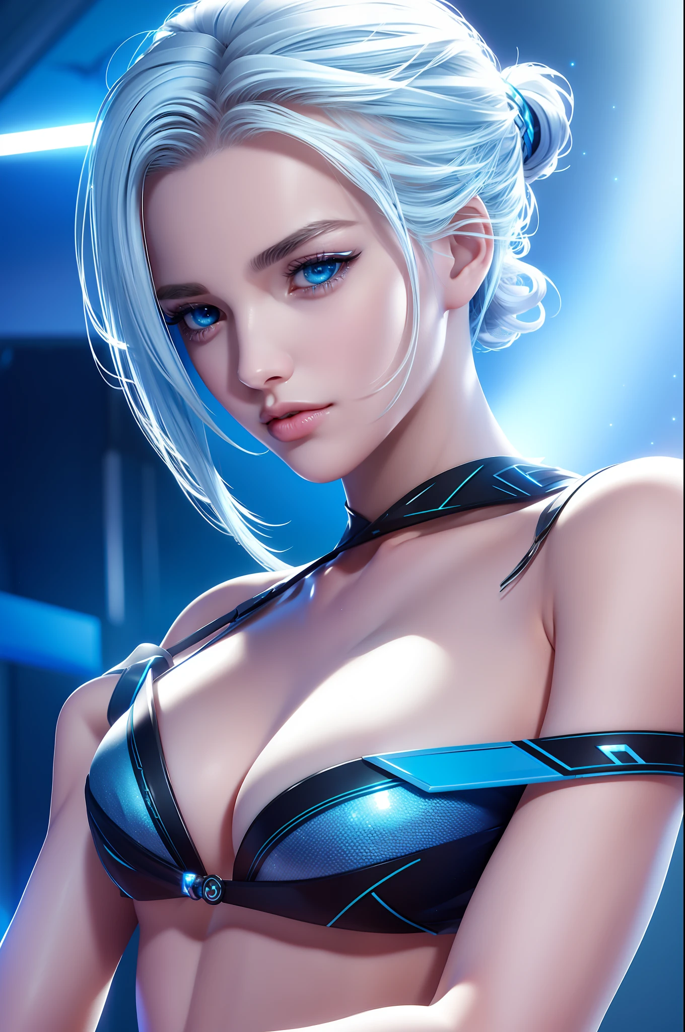jett valorant, 1 girl, blue bikini sparkling blue eyes, silver hair, nice perfect face with soft skin, intricate detail, 8k resolution, masterpiece, 8k resolution photorealistic masterpiece, professional photography, natural lighting, detailed texture,