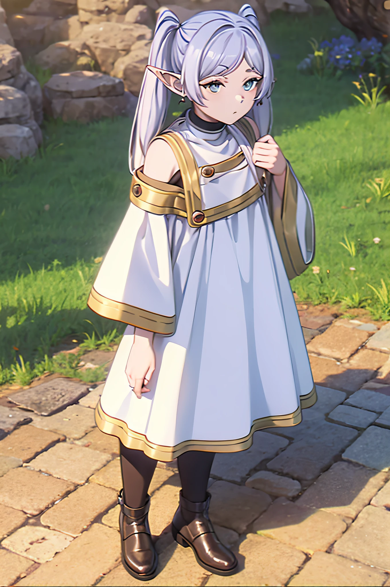 Life activities, Freelen、in woods、女の子1人、耳Nipple Ring、elvish、length hair、Spiky ears、独奏、Twin-tailed、verd s eyes、耳Nipple Ring、white  hair、[looking at viewert]Usually provided: white capelet、White sleeves、long-sleeve、 [long boots、brown shoes、Black pantyhose]robe blanche: bare shoulders​、鎖骨、doress、robe blanche、sleeveless dresses、the pose: is standing(masutepiece:1.2), Best Quality,Best Beautiful Girl, High resolution, Unity 8k壁纸, (Illustration:0.8), Perfect Lighting, extremely details CG, (Perfect hands, Perfect Anatomy),((model poses)),Eyes open,(masutepiece:1.2), High resolution, Unity 8k壁纸, (Illustration:0.8), extra detailed face, Perfect Lighting, extremely details CG, (Perfect hands, Perfect Anatomy),masutepiece, Best Quality,Cowboy Shot,