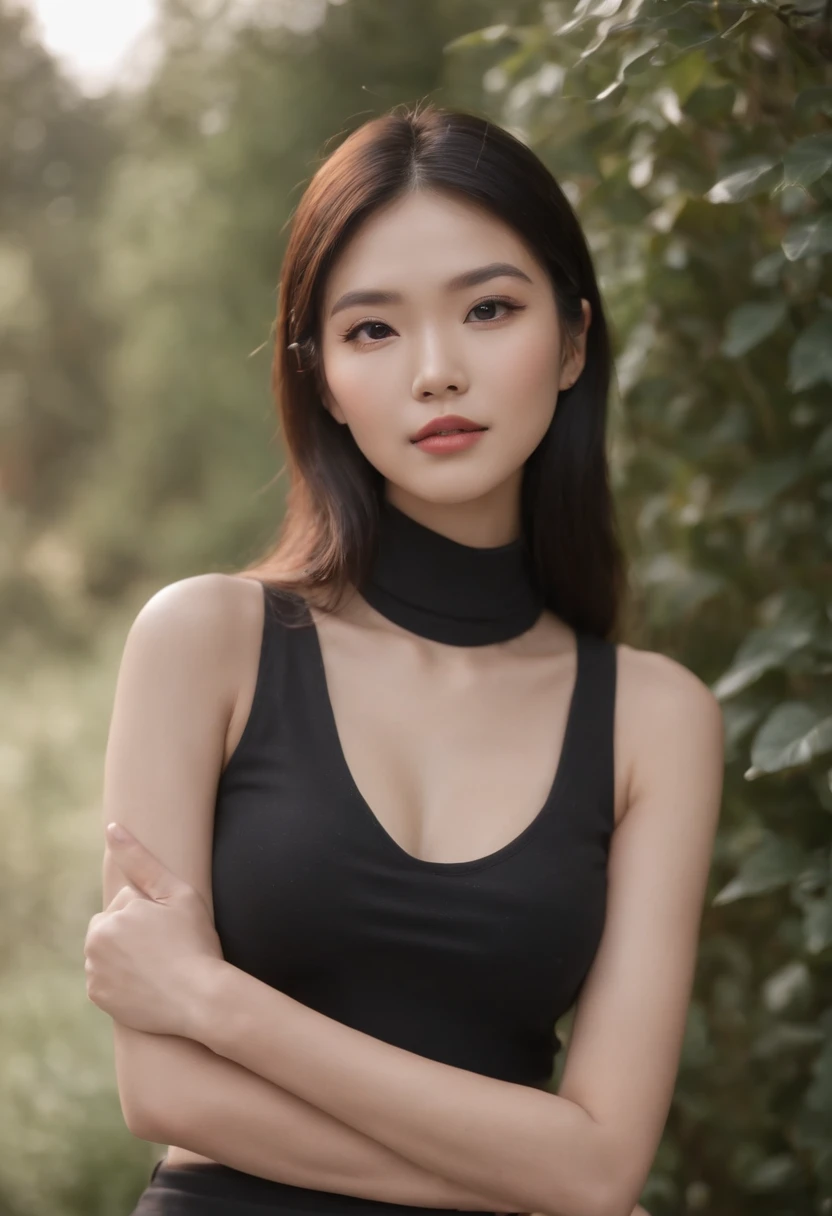 asian beauty, tall, gorgeous,  age 23, smooth skin, black hair. red color turtle neck, black fitting pants, simple silver cross necklace, highly detailed, well lit, 8k, reviewing artifacts, amazing detail,