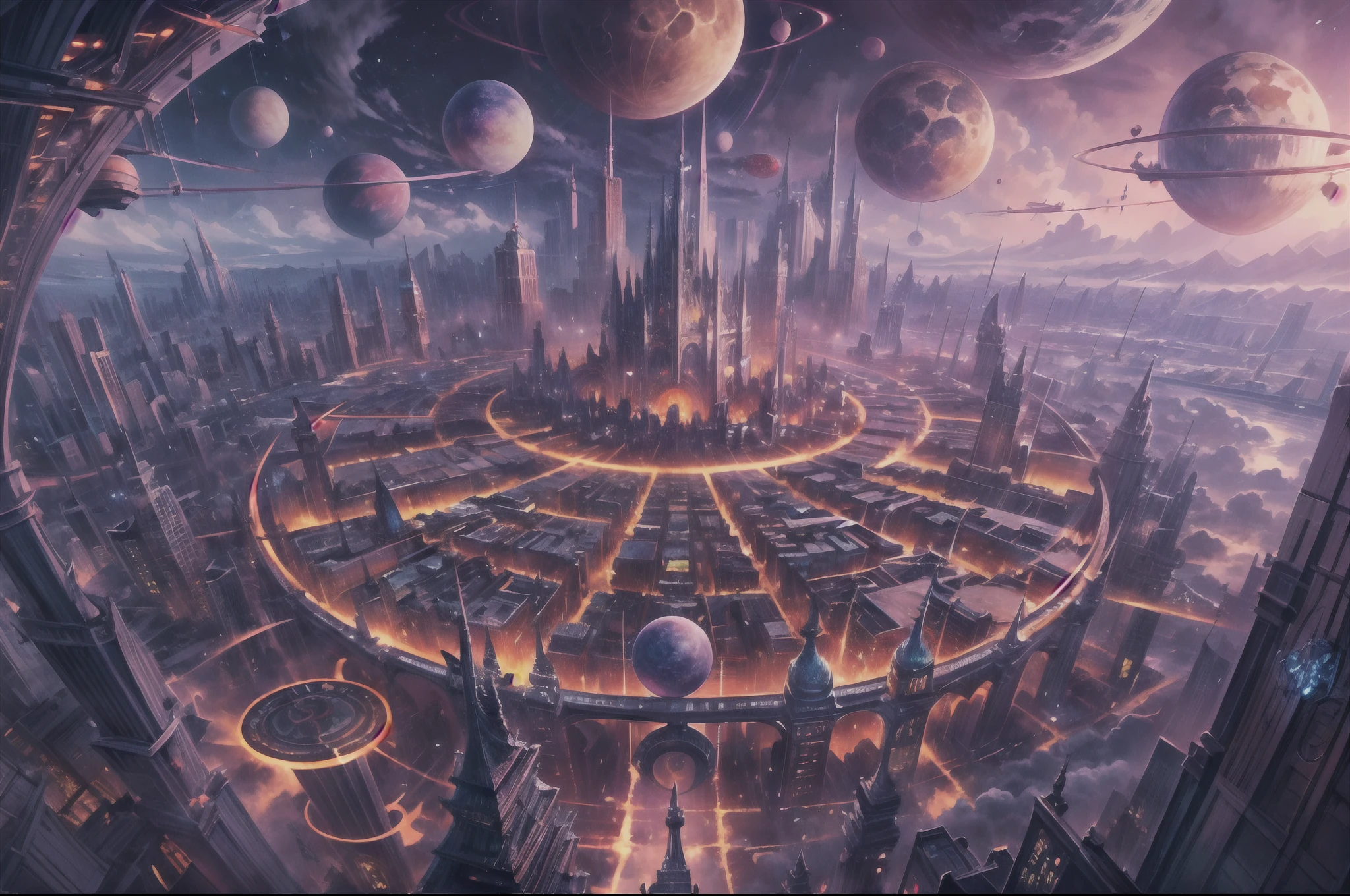 ((master piece)), best quality, (8k, best quality, masterpiece:1.2), ultra-detailed, illustration, big fantasy city, Science fiction, ethereal city, Floating city, many planets in the skies, clouds around, celestial architecture, purple energy scarring around, Giant castle in the center, astral skies