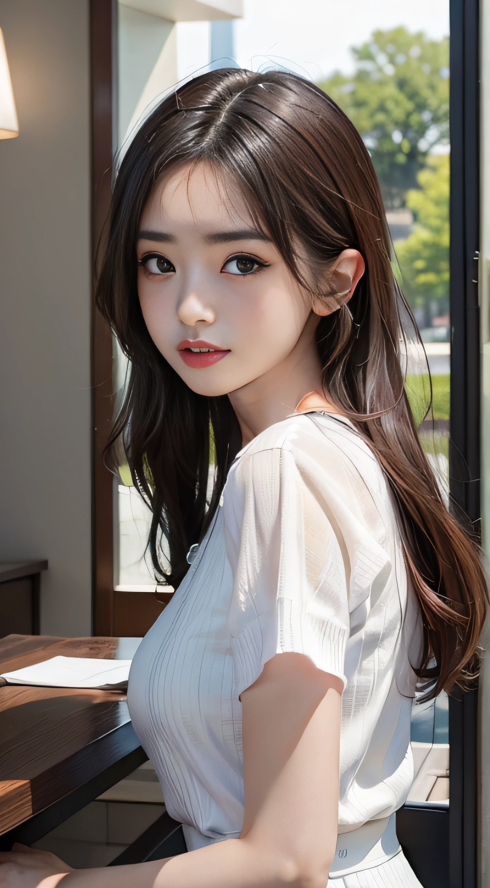 ​masterpiece、Top image quality:1.2、((beautiful young woman with))、Transparent skin:1.2、{A slight smil}、(kawaii)、Short sleeve knit、luxury hotel、depth of fields