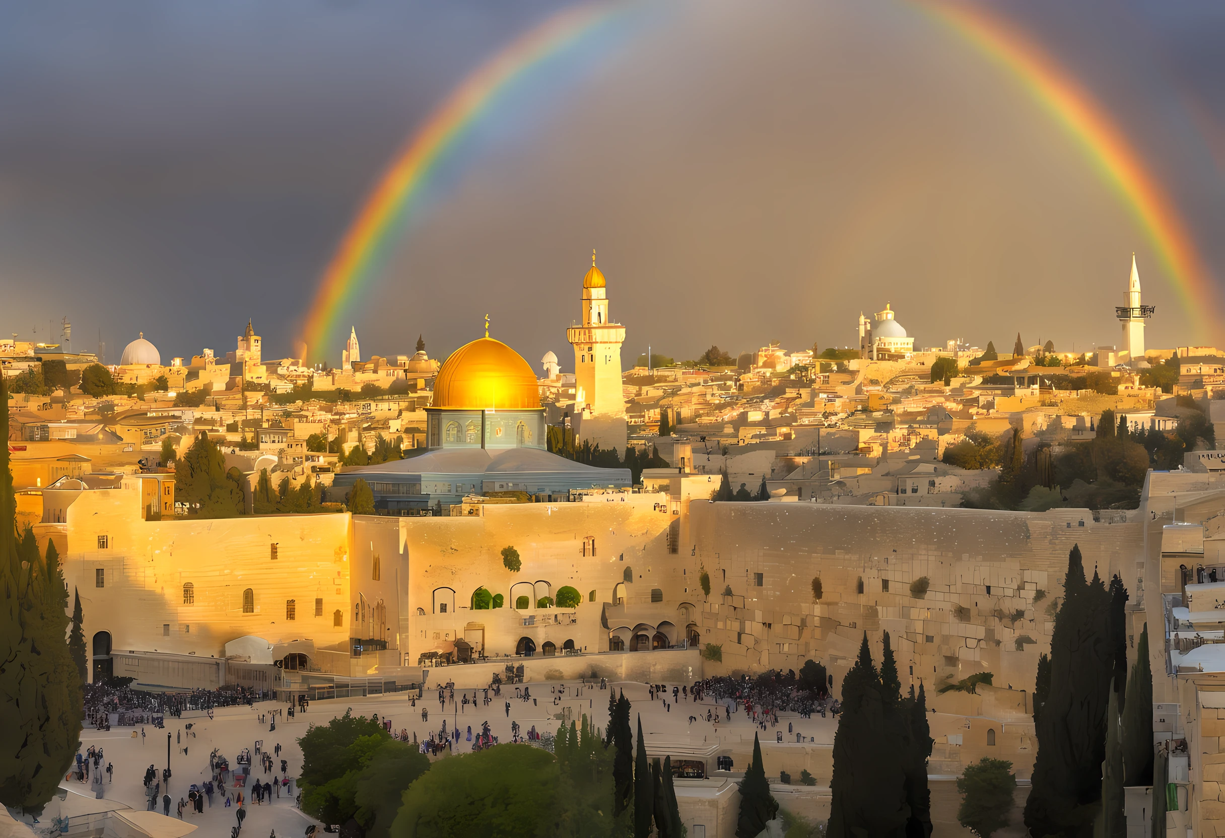 photographic, National Geographic quality picture, award winning, (Best Detailed: 1.5), (best quality: 1.5) picture of the Western Wall in Old City Jerusalem (an exact detailed: 1.5), The Western Wall (best detailed, best quality: 1.5) in all is antiquity, reverence, and divinity, central focus to the Jewish faith, and a magnificent, (vibrant full spectrum rainbow: 1.3) , it is lightly clouded there are some sun rays, the old city of Jerusalem (best detailed, best quality: 1.5) background, best quality, (extremely detailed: 1.5), picture taken from a medium range,  ultra wide shot, photorealism, depth of field, hyper realistic, 2.5 rendering,