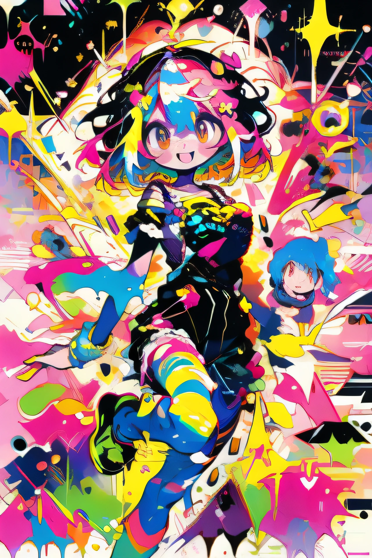 ((best quality, masterpiece)), 1girl, big breasts, overalls, solo, orange eyes, short hair, paint splatter, looking at viewer, collarbone, shoes, green footwear, multicolored hair, paint splatter on face, smile, shirt, open mouth, pink hair, blush, sneakers, legs, white shirt, blue hair, scrunchie, wrist scrunchie, colorful, paint splatter on body