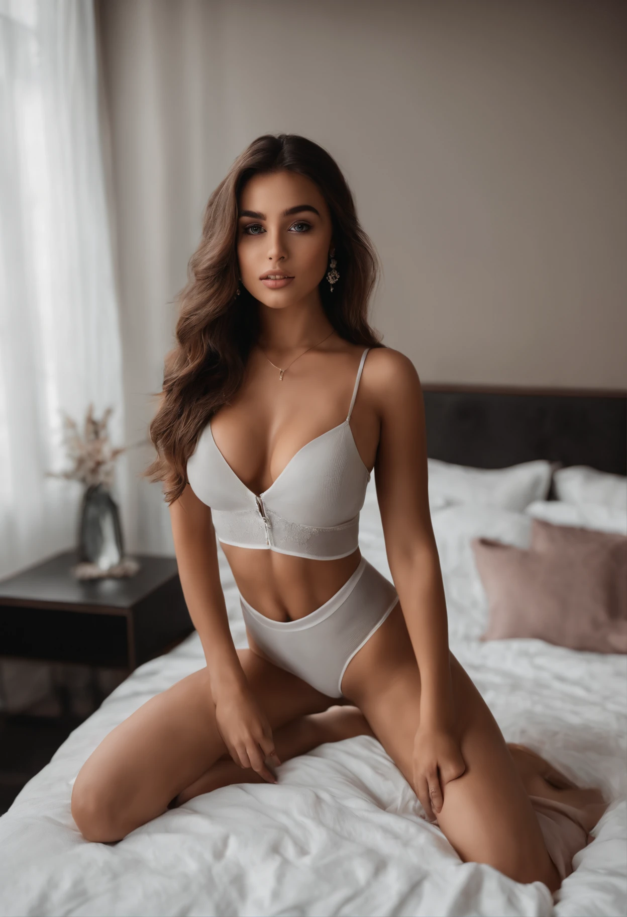 Totally Alafed Women , Sexy girl with brown eyes, A hyper-realistic, meticulously detailed, Portrait Sophie Mudd, brown hair and large eyes, selfie of a young woman, Dubai Eyes, Violet Myers, without makeup, Natural makeup, Looking directly at the camera, face with artgram, subtle makeup, Stunning full-body shot of kneeling on bed, at bedroom, Medium to large bust、Sexy underwear
