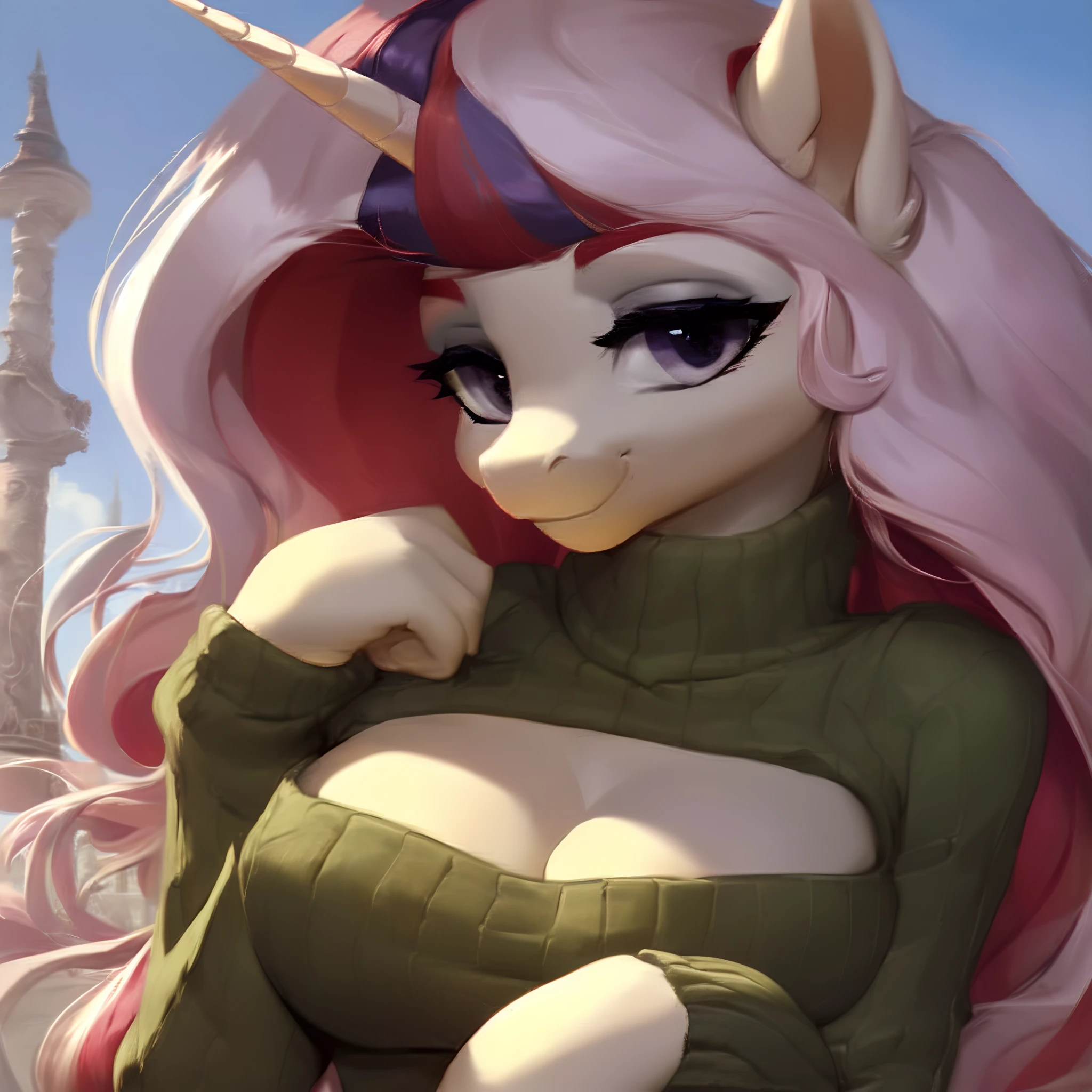 (score_9), (source_pony), (solo), ((anthro moondancer fusion with Fleur de lis)), sexy windowed sweater, looking to you, smiling, sensual, anime art style, anatomically correct, outside background, big breast, cleavage
