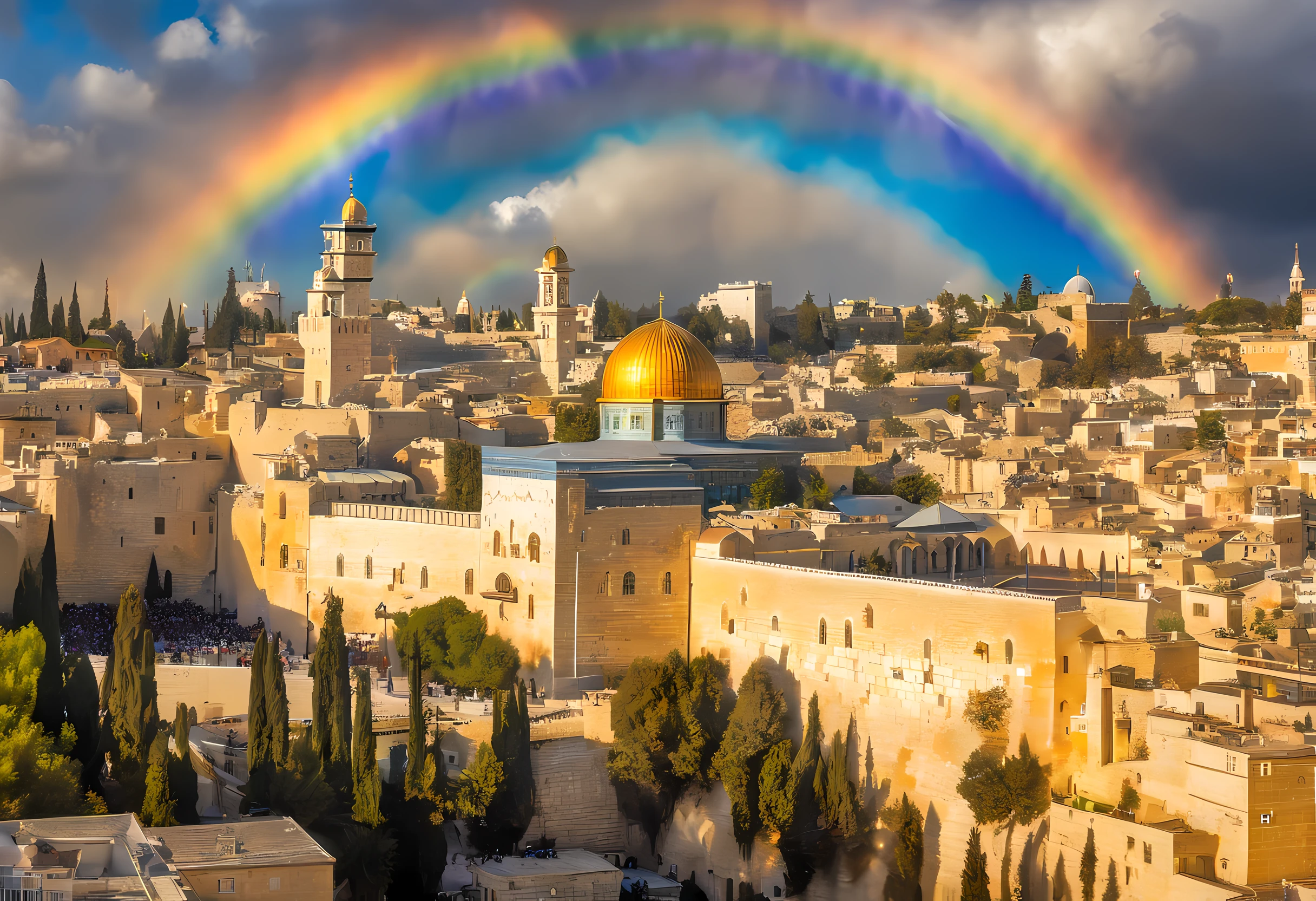 photographic, National Geographic quality picture, award winning, (Best Detailed: 1.5), (best quality: 1.5) picture of the Western Wall in Old City Jerusalem (an exact detailed: 1.5), The Western Wall (best detailed, best quality: 1.5) in all is antiquity, reverence, and divinity, central focus to the Jewish faith, and a magnificent, (vibrant full spectrum rainbow: 1.3) , it is lightly clouded there are some sun rays, the old city of Jerusalem (best detailed, best quality: 1.5) background, best quality, (extremely detailed: 1.5), picture taken from a medium range, ultra wide shot, photorealism, depth of field, hyper realistic, 2.5 rendering,