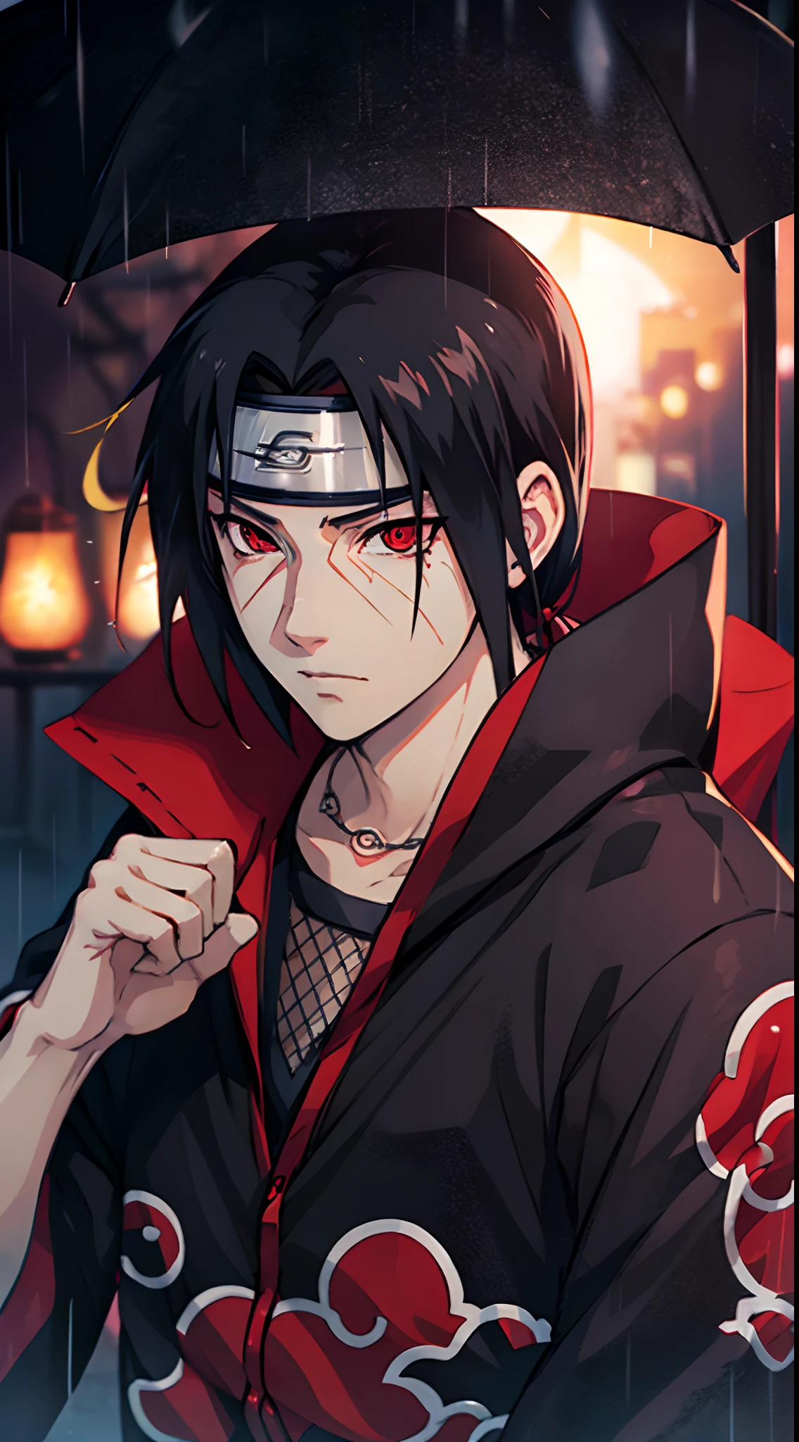 close up of a person with a black hair and red eyes, itachi uchiha, itachi, akatsuki akira, sasuke uchiha, madara uchiha, akiyuki shinbou, anime poster film still portrait, tsukasa dokite, yuyushiki, from naruto, inspired by Chen Jiru, sherigan eyes,8k, wallpaper,midjourney art,detailed face,wearing akatsuki dress,he's very menacing and evil,naruto anime character Itachi, rainy, black theme