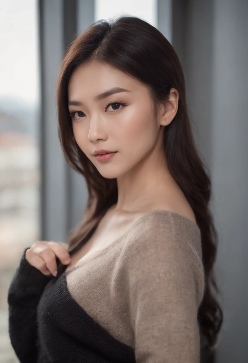 Japanese kawaii beauty, tall, gorgeous, age 23, smooth skin, black hair. no sleeve knit sweater, big boob, arm pit, black fitting pants, simple silver cross necklace, highly detailed, well lit, 8k, reviewing artifacts, amazing detail,(get sweaty) ,