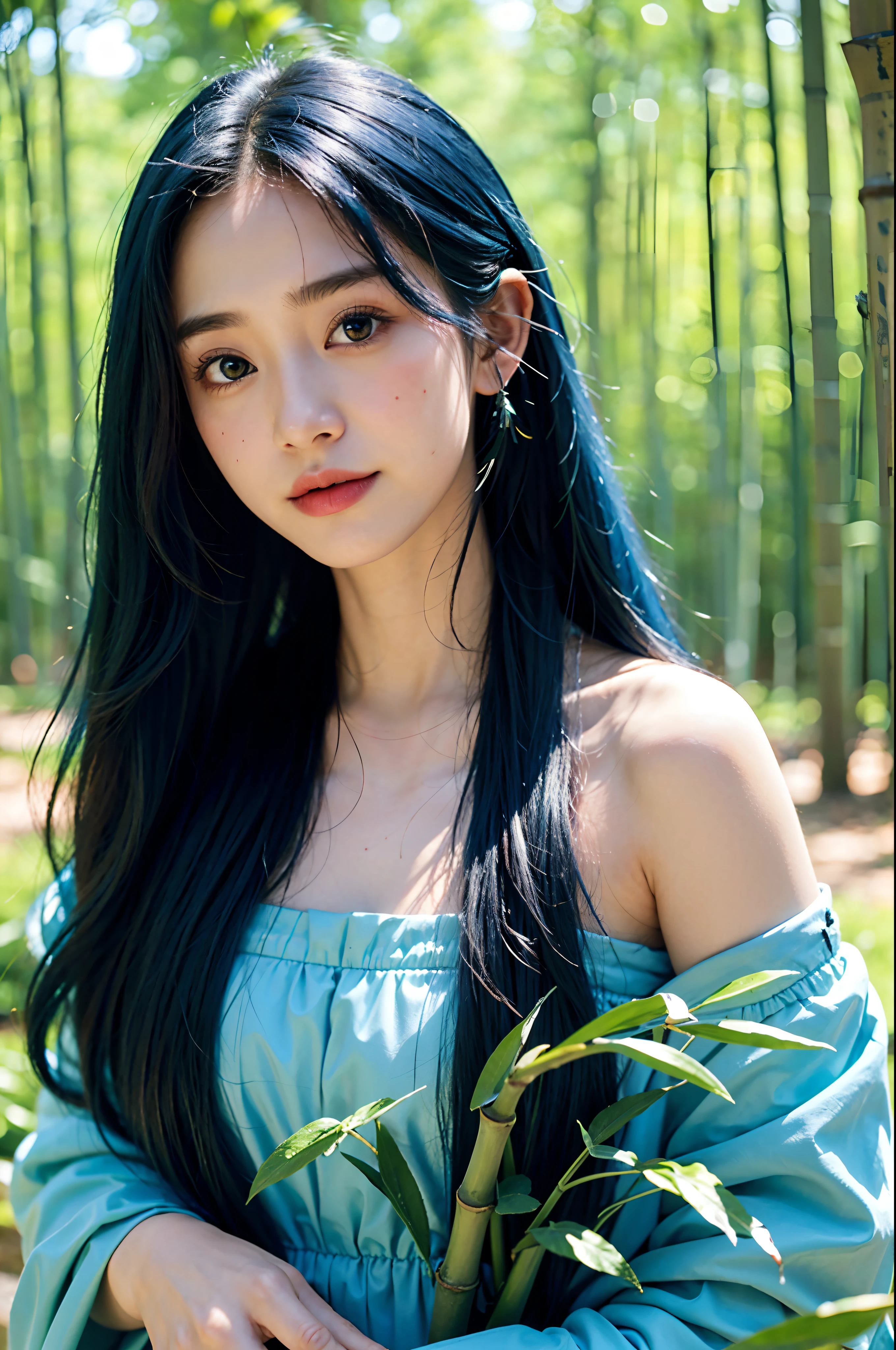 masterpiece, best quality, 8k, Very detailed, 1 girl, blue hair, long-haired, detailed eyes, Gump Forest, Bare shoulders, hanfu, lakes, Soft smile, bamboo, close-up face,