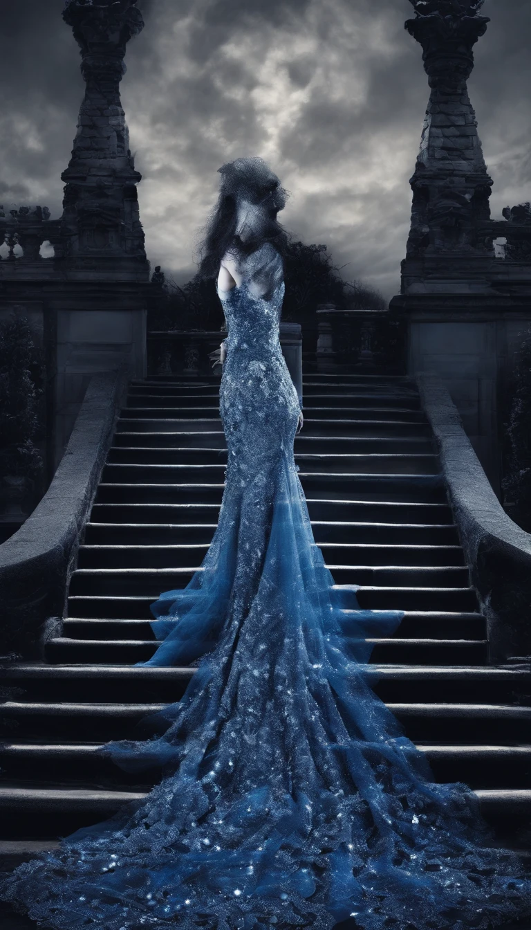Photo shoot of a ghostly female silhouette of a million sequins. Blue and silver landscapes. Low-profile view. ultra realistis