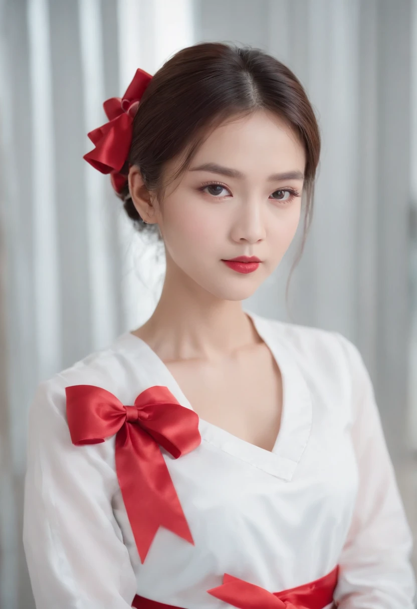 There is a woman in a white shirt with a red bow on her chest, Nivanh Chanthara, white ribbon, Profilbild 1024px, nur mit Rot, Thawan Duchanee, Rotes Band, Wunderbares Meisterwerk, Jia, 18 years old, white, red, friedlich, Yuli Ban, Sakimi chan, Uniform der Schulleiterin tragen