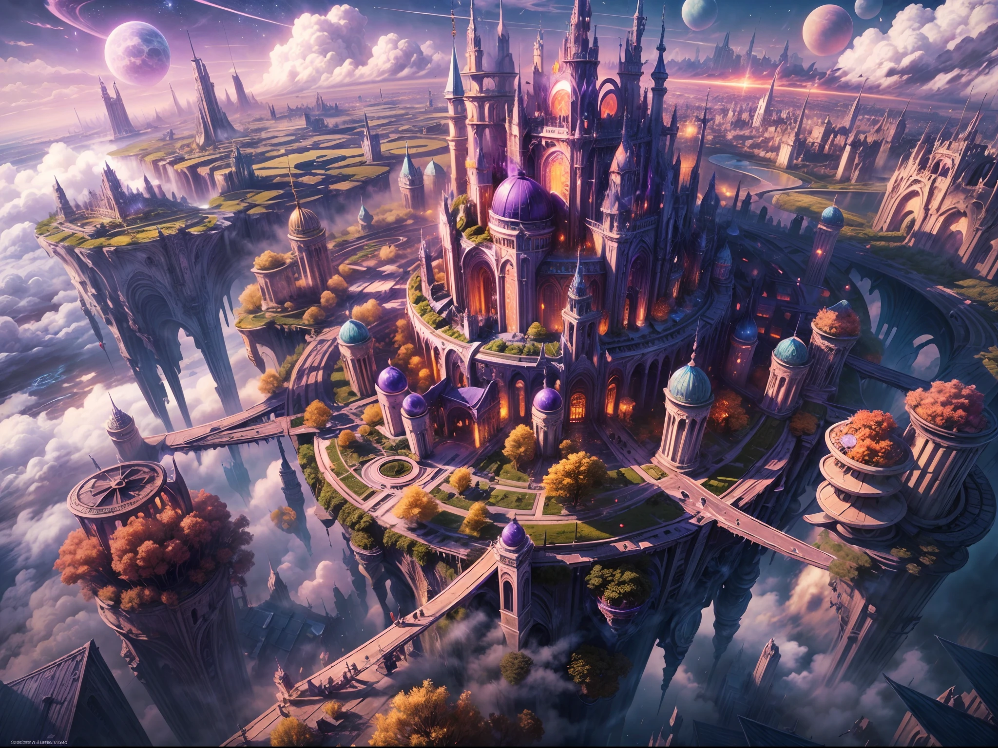 ((master piece)), best quality, (8k, best quality, masterpiece:1.2), ultra-detailed, illustration, big fantasy city, Science fiction, ethereal city, Floating city, many planets in the skies, clouds around, celestial architecture, purple energy scarring around, Giant castle in the center, astral skies