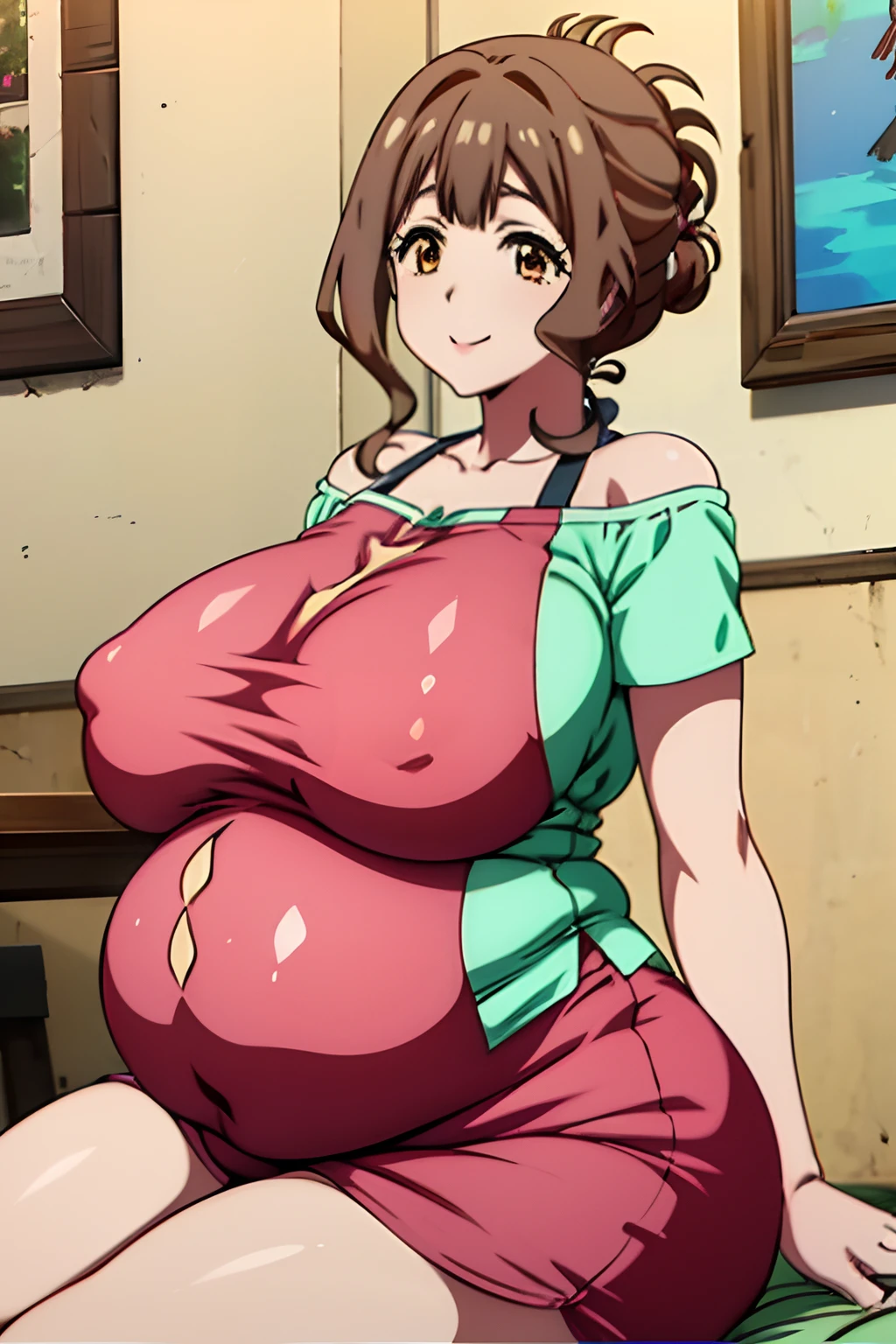 high-level image quality、masutepiece、4K,8K,Anime Cell Style,Best Quality, hight resolution,1boy,eye contact、1girl in,torino_kazami,maturefemale,huge-breasted,Plump,Pregnant,Happy smile,livingroom、Sitting on the sofa