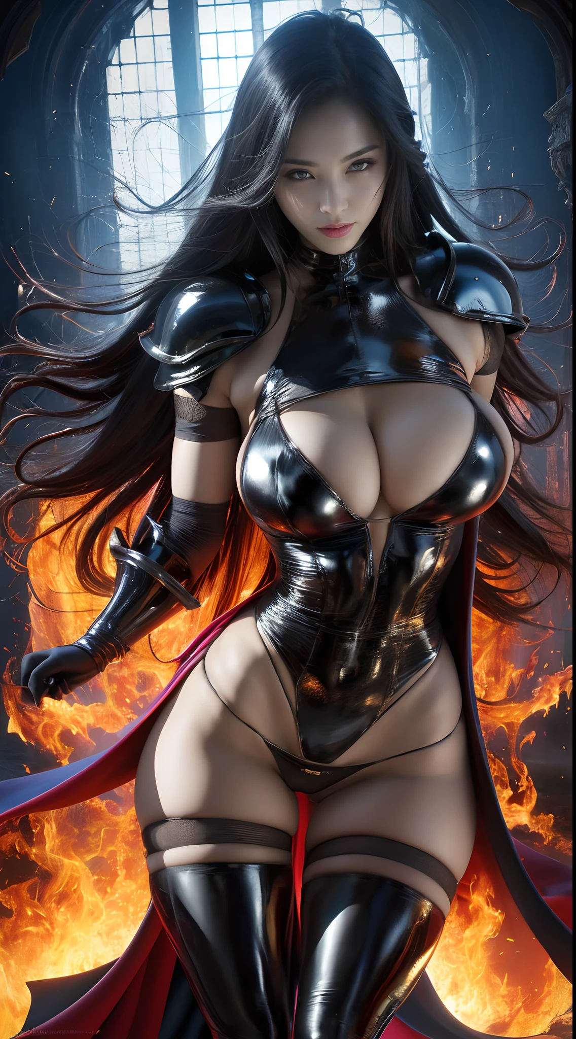 ((Best Quality, 8K, Masterpiece: 1.3)), 1girl, shiny skin, sharp, Perfect Body Beauty, realistic shaded perfect body, ("fantasy,bosysuit,transparent " :1.2), , ("fantasy, black, armor gloves":1.2), ("fantasy, armor leggins"1.2), ("fantasy, robe"1.1), big_breasts, fantasy back ground, (dynamic pose:1.1), no bra, wind, inferno