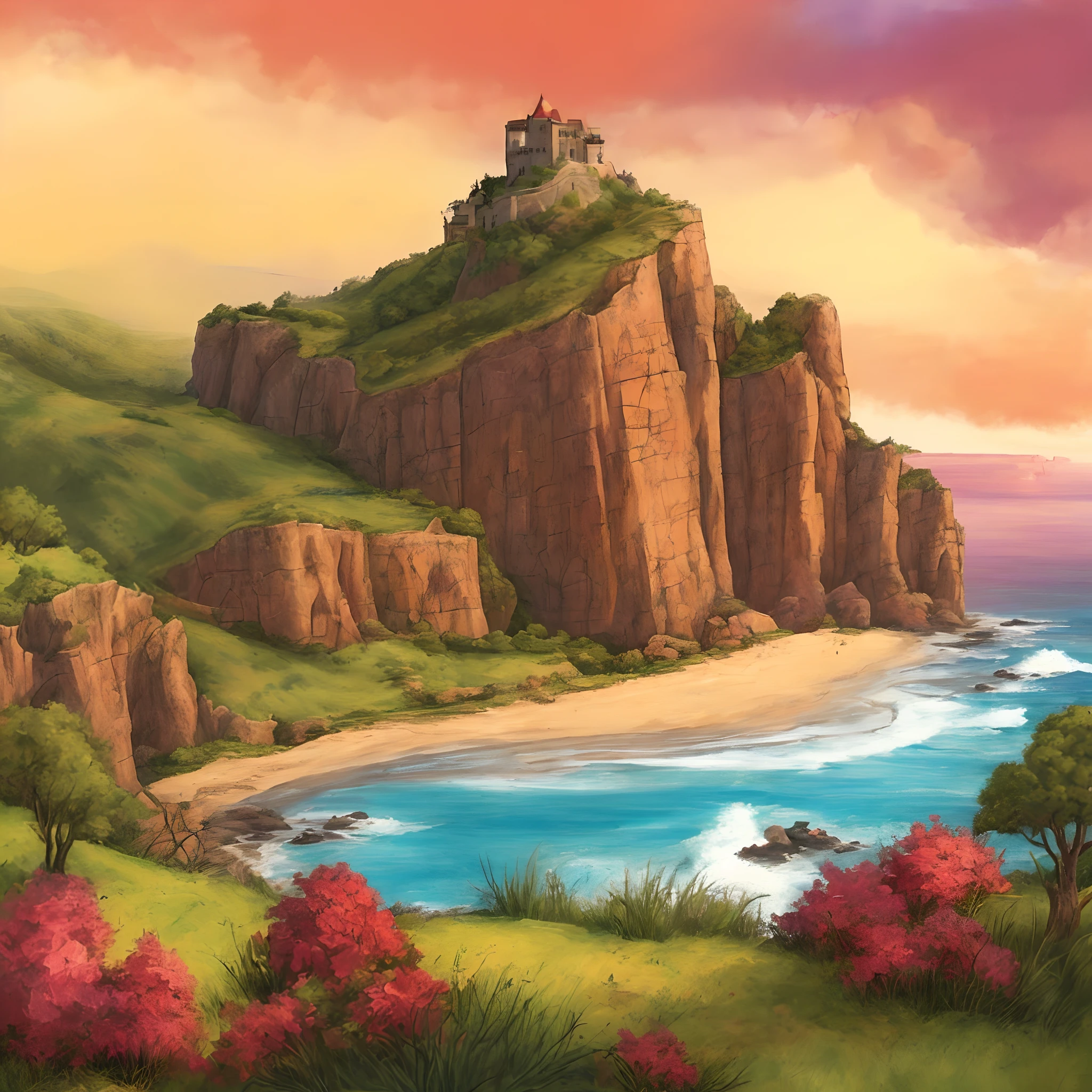 painting of a cliff overlooking a beach with a house on top, cliffside town, cliffside, by Jason Benjamin, scenery artwork, cliff side, castle on the mountain, greek fantasy landscape, scenery art detailed, fantasy landscape painting, whimsical fantasy landscape art, ultra detailed fantasy, flying cloud castle, ocean cliff side, fantasy scenic, fantasy setting, a beautiful landscape