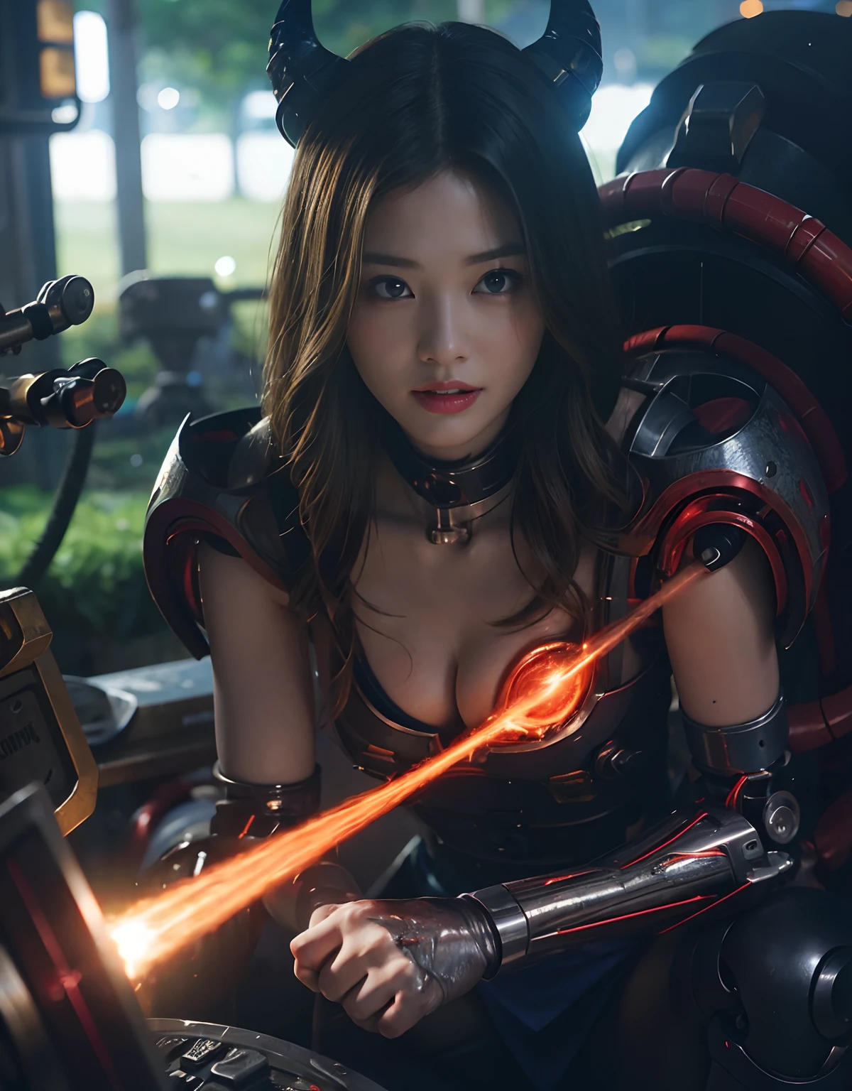 (1 Mechanical Girl)、top-quality、masterpiece、超A high resolution、(Photorealsitic:1.4)、Raw photo、女の子1人、Fight mutants、glowy skin、(((1 Mechanical Girl)))、With a beautiful knife、(Blue Metal Bodysuit)、(Fight fiercely against aliens)、Fight fiercely、(beautiful forest background)、(Fighting Demonic Beasts)、(Small LED)、((super realistic details))、portlate、(Strong giant demon beast background),globalillumination、Shadow、octan render、8K、ultrasharp、Colossal tits、Raw skin is exposed in cleavage、metals、Details of complex ornaments、Japan details、highly intricate detail、Realistic light、(Mystical expression),CGSoation Trends、Red Eyes、radiant eyes、Facing the camera、neon details、(Mechanical limbs)、(blood vessels connected to tubes)、Mechanical vertebrae attached to the back、mechanical cervical attaching to neck、(Wires and cables connecting to the head)、Gundam、Small LED、,Mechanical thighs、Toostock、(Hands are also made of machines)、(Attack of the Monster Beasts)、(Wounded in a deadly battle)、
