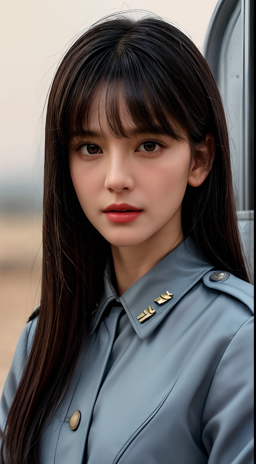 Movie Cover Image,Like a Real Person,Polite Dress,War War Fighter Action Cover Image),(Movie Reference Foundation : 1.8 ),Realistic,White Air Force General Uniform,(Realistic Face Resolution),Cinematic Poses,Skinny,Small,1 Womam, black long hair with bangs, midshot, centered image, ultra detail, extremely face detail, extremely eye detail